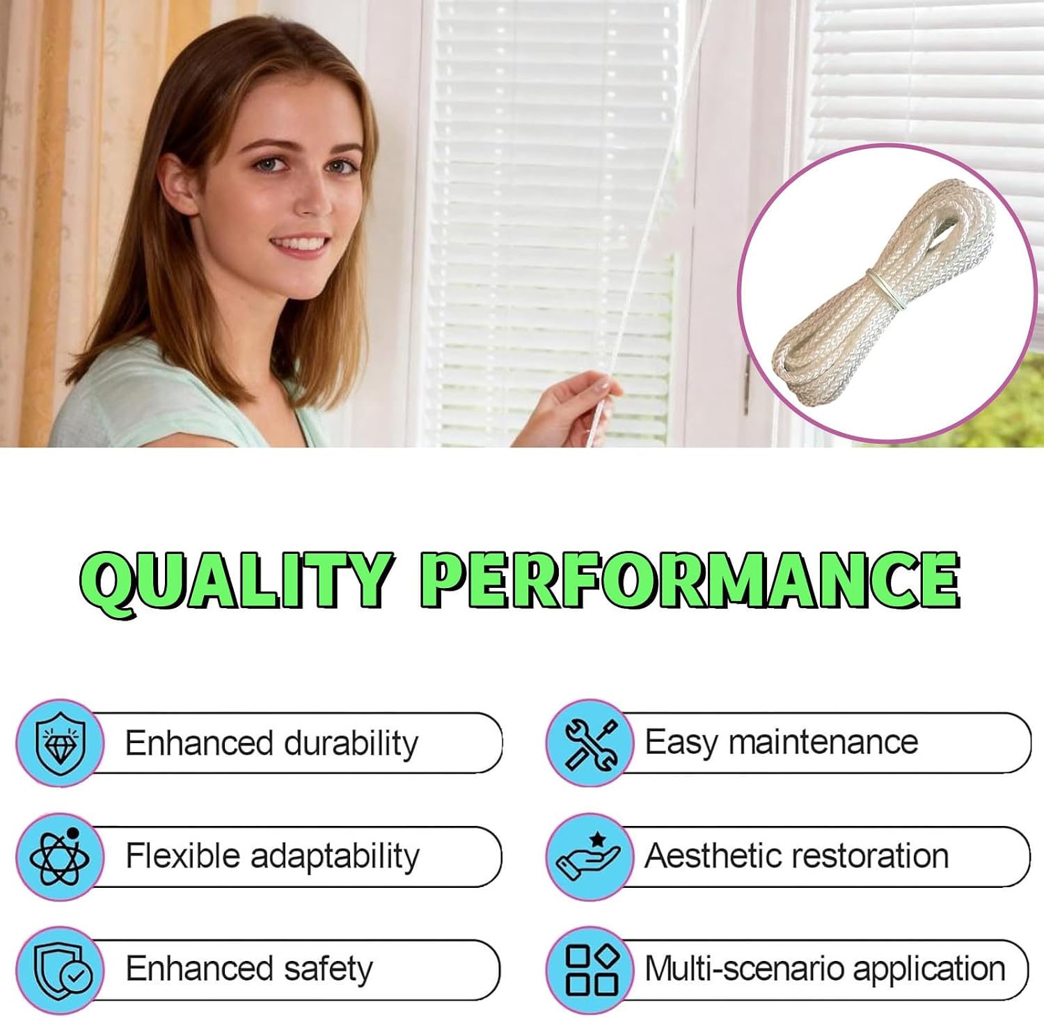 3.5mm Loop Link Cord, 3 FT Blind Cord, Compatible with All Major Brands, Suitable for Honeycomb Blinds, Pleated Blinds, Roller Blinds