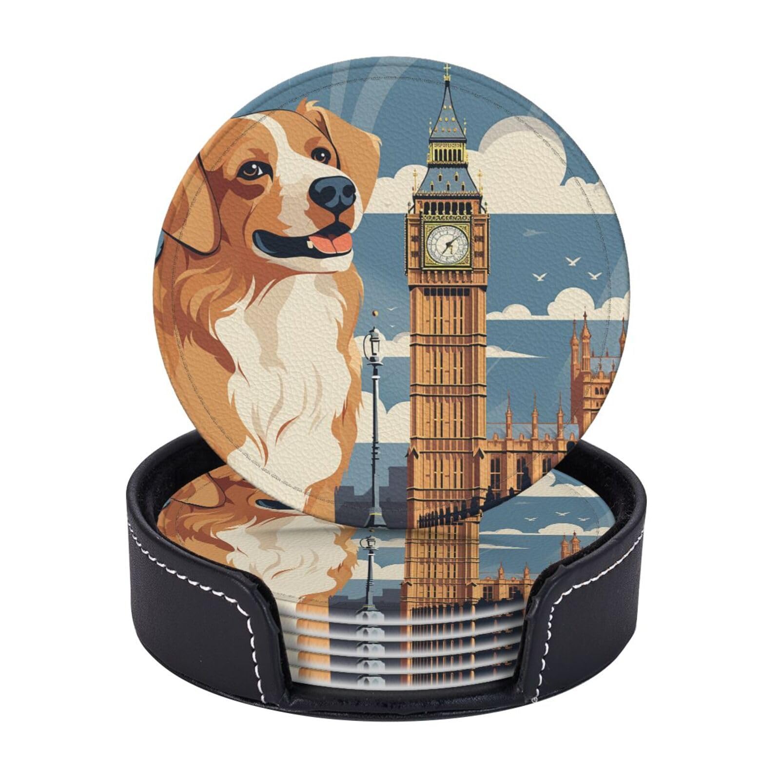 6PCS Drink Coasters with Holder, 4" Leather Coasters for Drinks, Cute Dog Sitting Cup Coasters for Coffee Table Decor, Non-Slip Drinking Cup Mat for Hot or Cold Drink