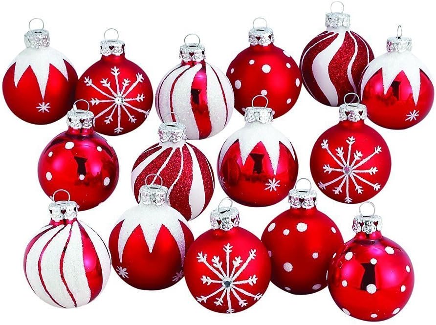 Kurt Adler Medallion Collection Red With White Glitter Decorated Glass Ball Ornaments, Set of 30