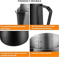 Vista 3 de Jarra espumadora de leche de 20 onzas, jarra de vapor de leche de acero inoxidable de 20.3 fl oz, taza espumadora de leche con marcas de medición
