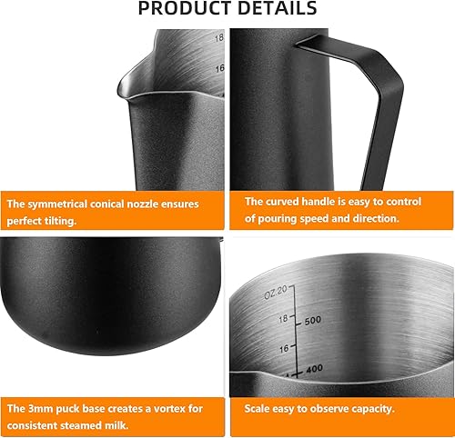 Miniatura 3 de Jarra espumadora de leche de 20 onzas, jarra de vapor de leche de acero inoxidable de 20.3 fl oz, taza espumadora de leche con marcas de medición,