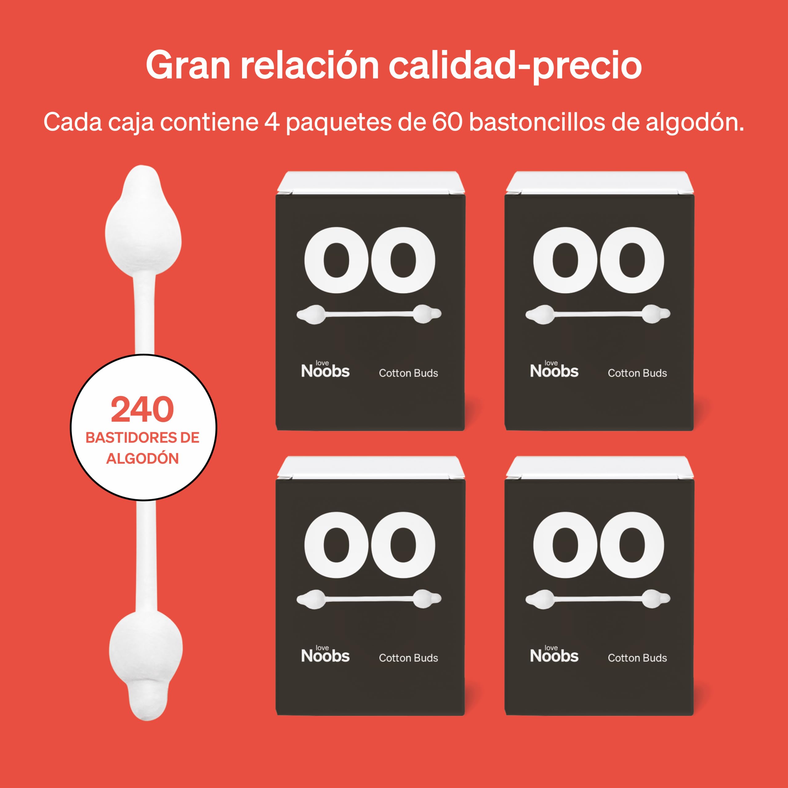 Bastoncillos de Seguridad para Bebés de Love Noobs, Bastoncillos de Algodón 100% Orgánicos para Bebés, 240 Piezas, Bastoncillos Ultra Suaves para Oídos, Ideal para Toda la Familia