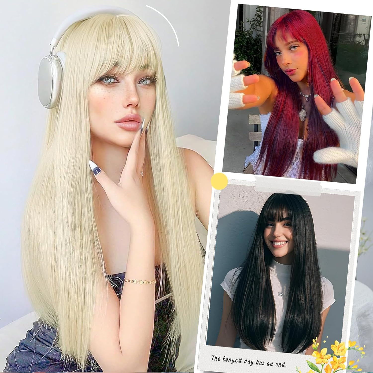 Long Blonde Wig with Bangs Straight Wigs for Women Matte Natural Hair Blond Wig Heat Resistant Synthetic wig for Girls Daily Party Cosplay Halloween Costume Use 24 Inch (Blonde)