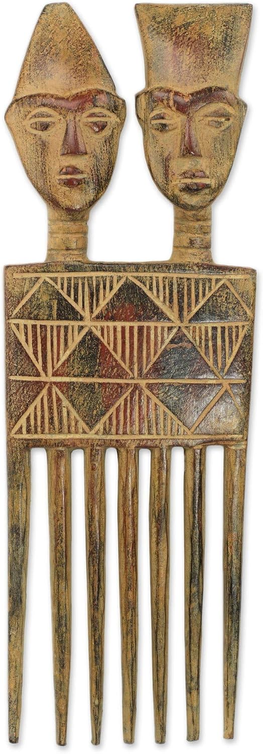 NOVICA Handmade Wood Wall Sculpture Art from Ghana Brown Decor Cultural [15.25in H x 5.25in W x 1.2in D] 'Twin Comb'