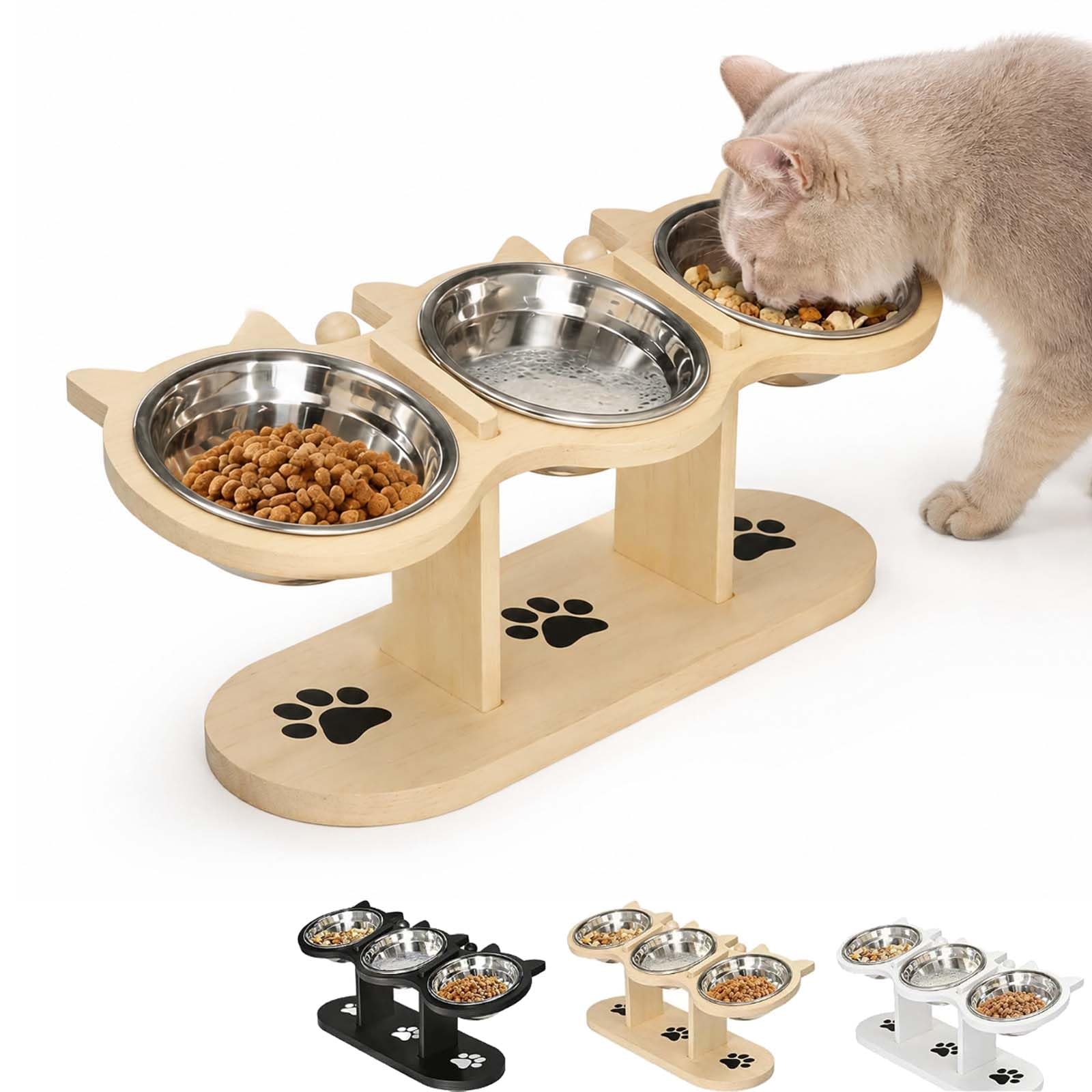2026 New Anti-Slip Elevated 3-Bowl Pet Feeder, 15° Stand Tilted with 3 PCS Stainless Steel Cat Bowls, Anti Vomiting Elevated Bowls With Wooden Base For Pet Food & Water (Wooden)