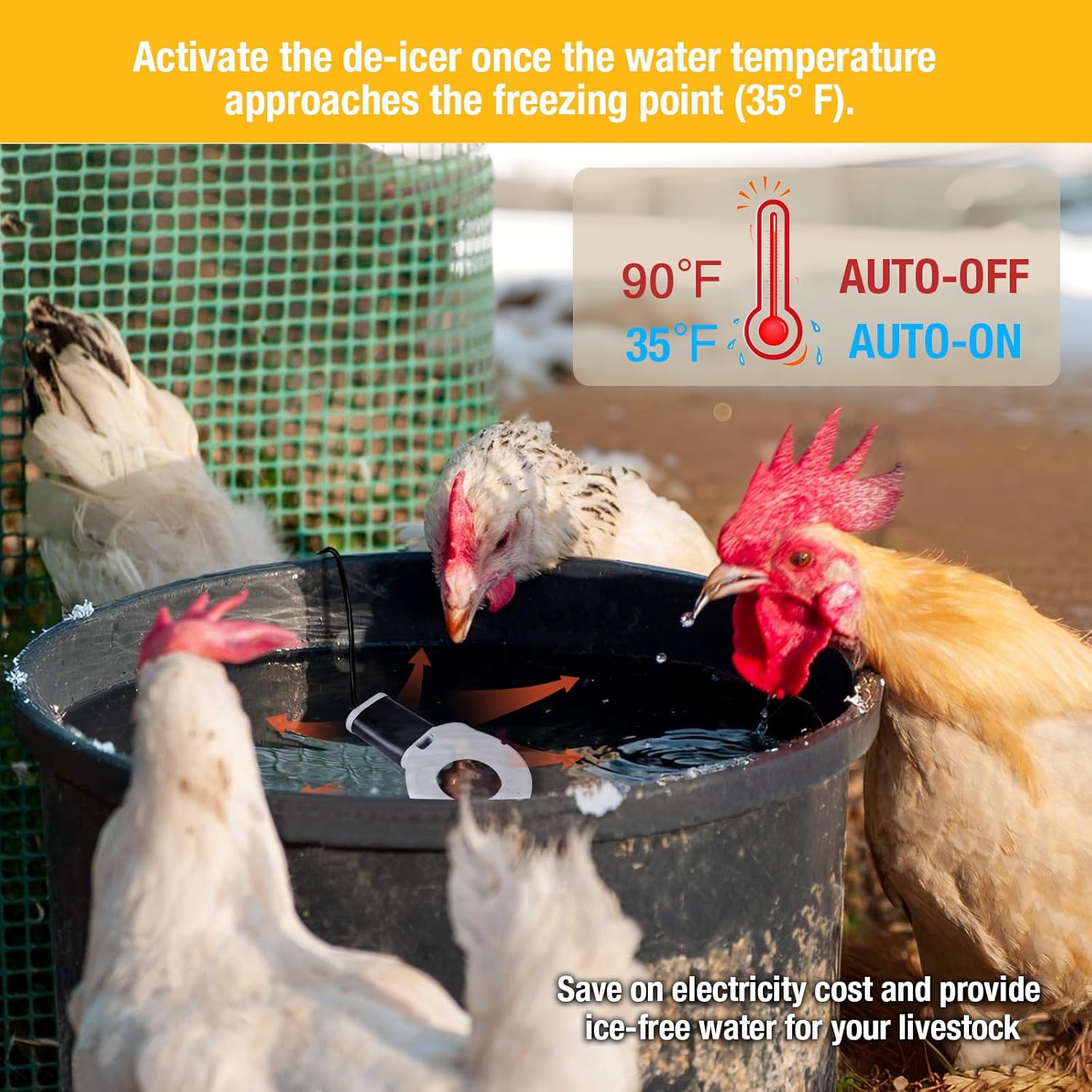 250W Chicken Water Heater, Submersible Bucket Heater Deicer for 5 Gallon, Heated Chicken Waterer for Winter, Freeze-Proof Poultry Waterer, Stock Tank & Water Trough Warmer for Livestock