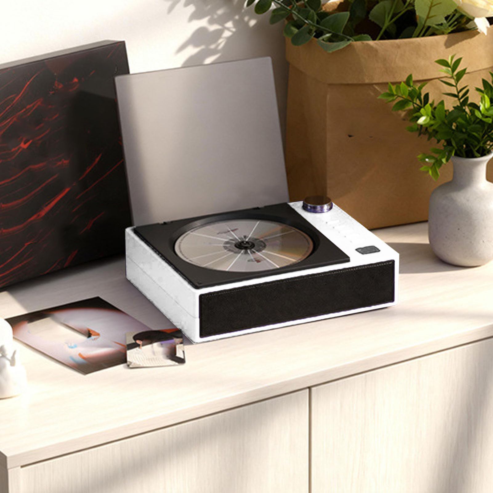 Fabater Reproductor de Música CD Bluetooth con Control Remoto para Oficina en Casa o Relajación, Diseño Compacto de ABS y Aleación de Aluminio (White)