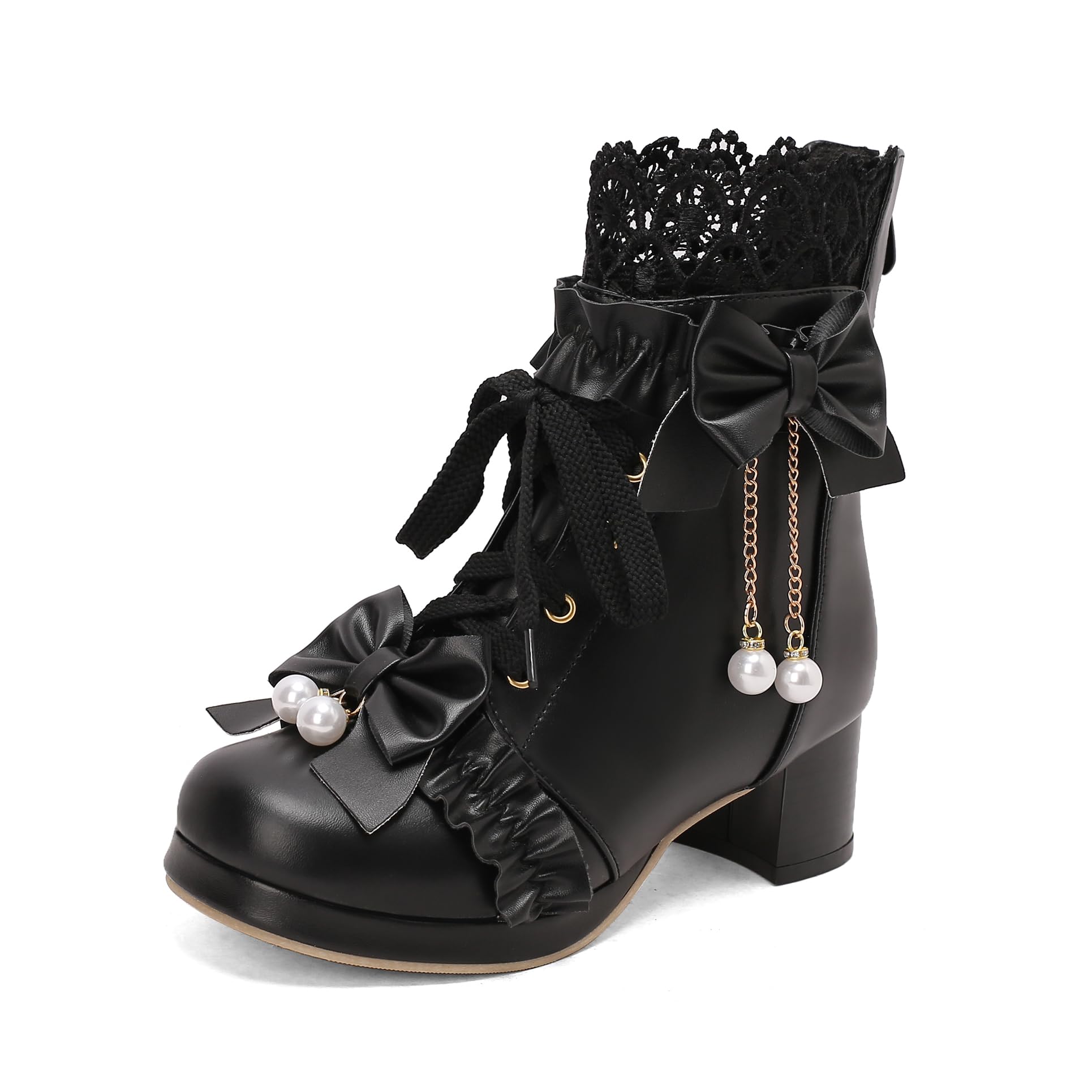 BEAUPAS Womens Gothic Ankle Boots Cute Pearl Bow Lace Block Heel Lace-up Combat Boots