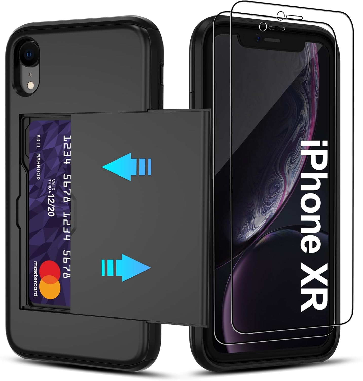 Pilaru for iPhone XR Case with Card Holder【2 Pcs HD Screen Protector】 Slim Heavy Duty Dual Layer Shockproof Design【Hidden Card Slot 】 Wallet Case for Girls Women for i iphoneXR Cases -Black