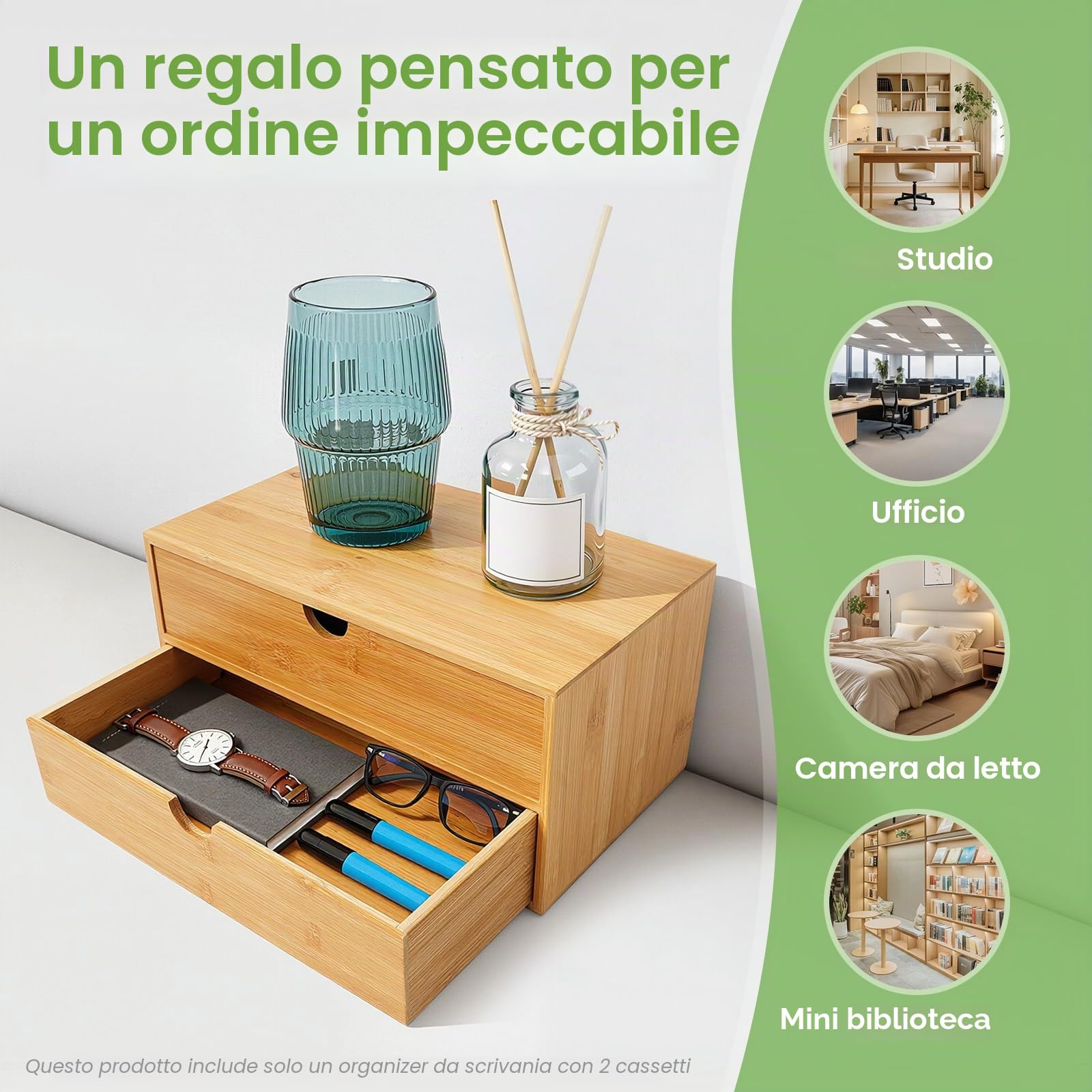 Organizzatore per Scrivania, Cassetto in Bambù Mini Cassettiera, Design Monopezzo, Scaffalatura per Trucco con 2 Cassetti per Ufficio, Soggiorno e Camera da Letto