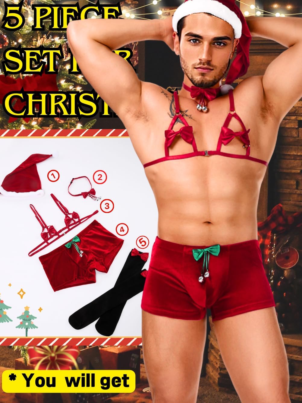 Men's 5Pc Christmas Bow Lingerie Santa Outfit, Exotic Apparel Boxer Shorts Underwear, Holiday Costume Funny Gift - Image 2