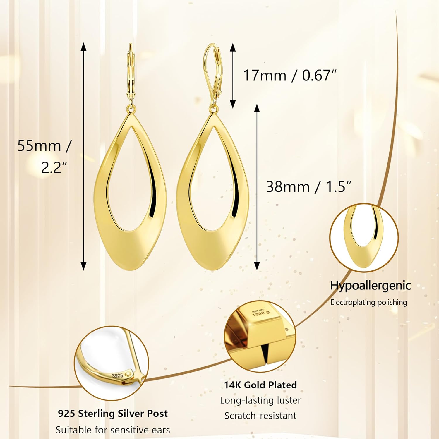 925 Sterling Silver Dangle Earrings for Women, Twist Teardrop Dangling Leverback Earrings, 14K Gold Plated Hypoallergenic Dangly Drop Earings for Women Trendy Jewelry Gifts - Image 4