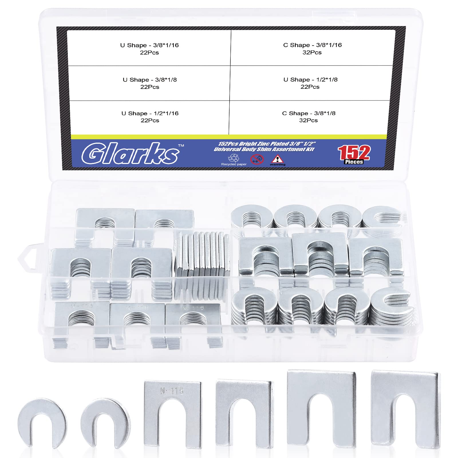 Glarks 152Pcs 3/8 "1/2" Kit universale per spessori del corpo, spessore universale del corpo per allineamento automatico per regolare parti del corpo o allineamento del camber