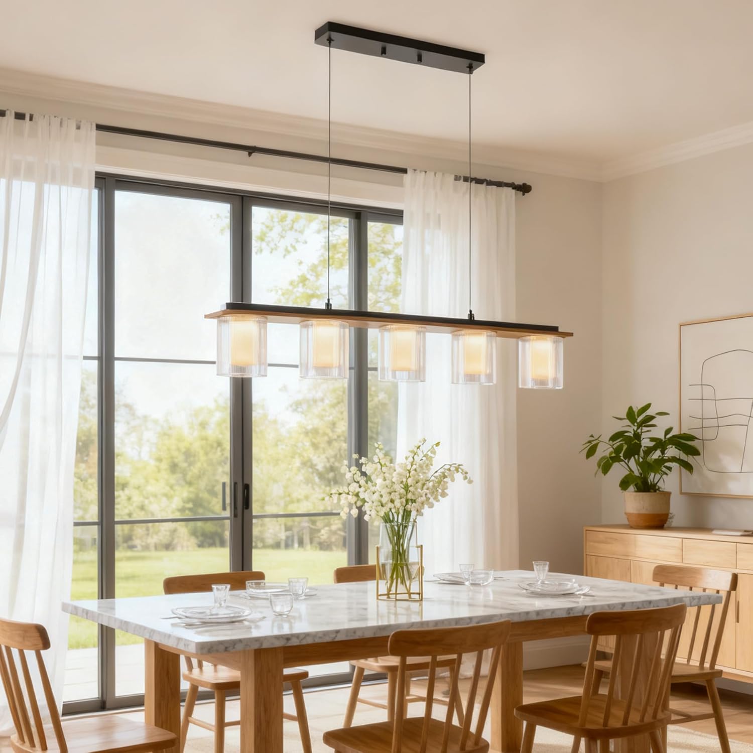 Kitchen Island Lighting, 35-Inch Linear Pendant Light with Double Glass Shades, Matte Black & Wood Grain Finish, 30W Integrated LED 3000K Modern Chandelier for Dining Room, Bar