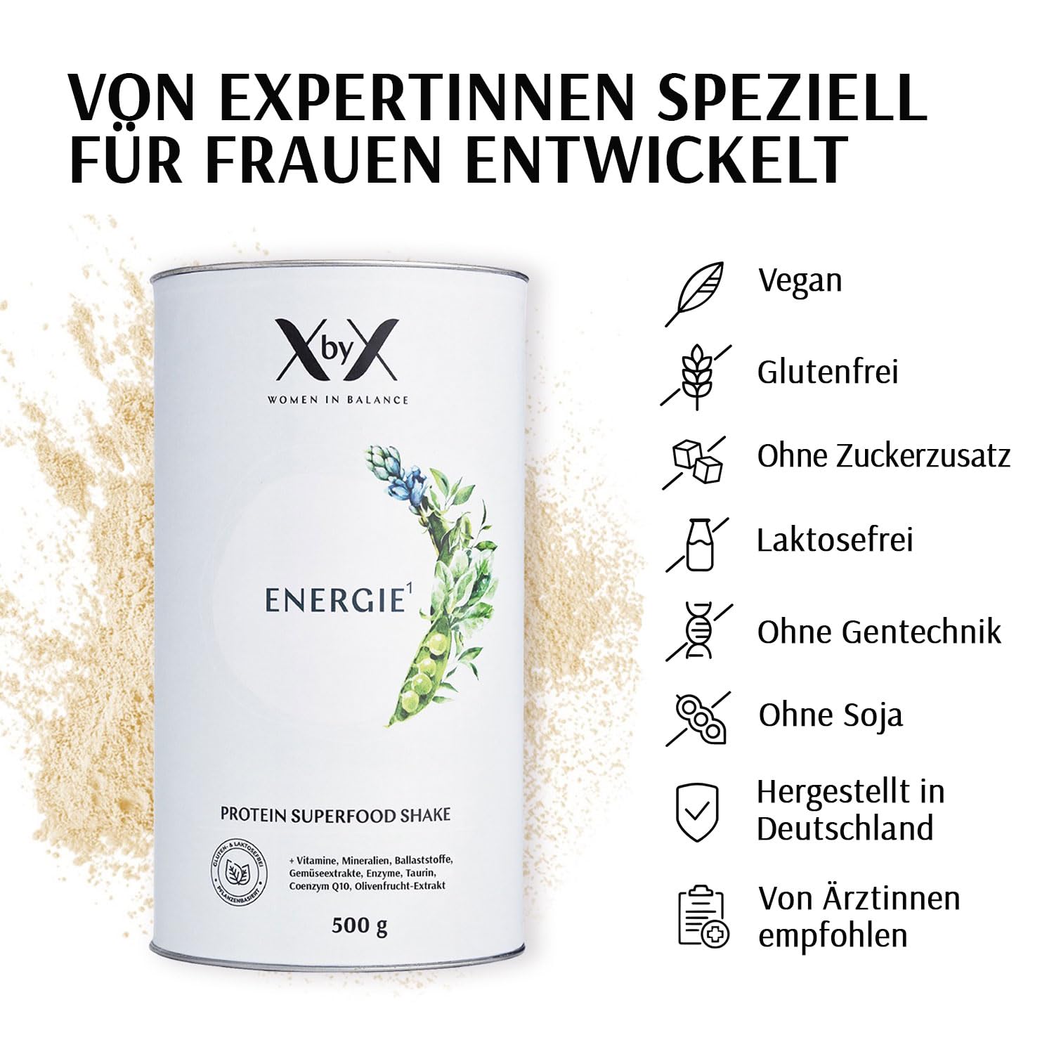 XbyX Energie 500 g | 16 Portionen | Veganes Superfood Proteinpulver für Shake oder Smoothie | Geschmacksneutrales Eiweißpulver mit essentiellen Aminosäuren & wertvollen Vitaminen | Aus Deutschland