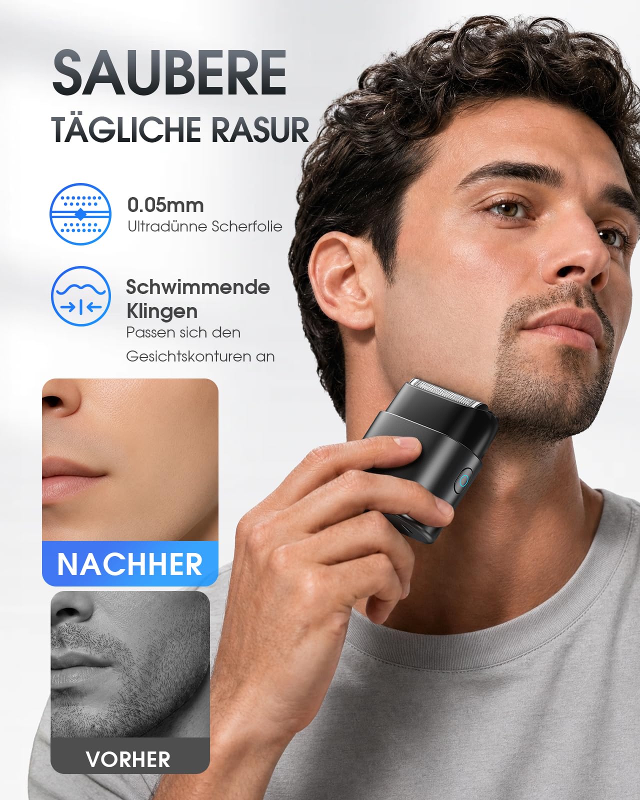 Haokoo Elektrorasierer Herren – Mini Taschenformat Reise Rasierer | 0,05 mm Folienrasierer für sanfte Rasur, IPX7-wasserdicht, 90 Min. Akku, selbststehend, USB-C-Ladung für Büro, Reise & Alltag