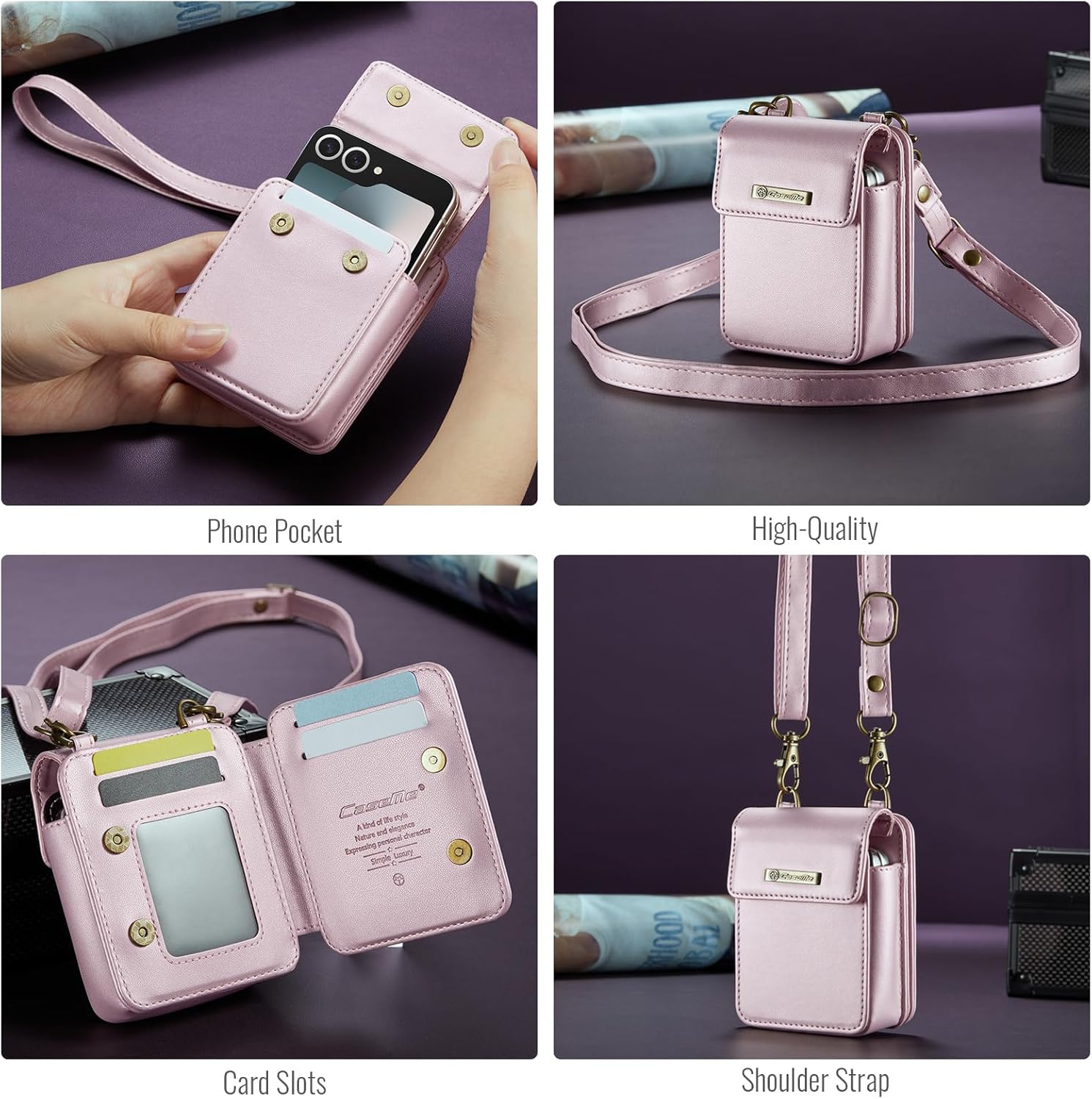 for Galaxy Z Flip 7 7 FE 6 5 4 3 Phone Case Wallet Crossbody, RFID Blocking Card Holder Magnetic Snap PU Leather Mini Bag Wallet Phone Case for Motorola Razr 2023/razr+/razr 2024/Razr Plus 2024 Pink