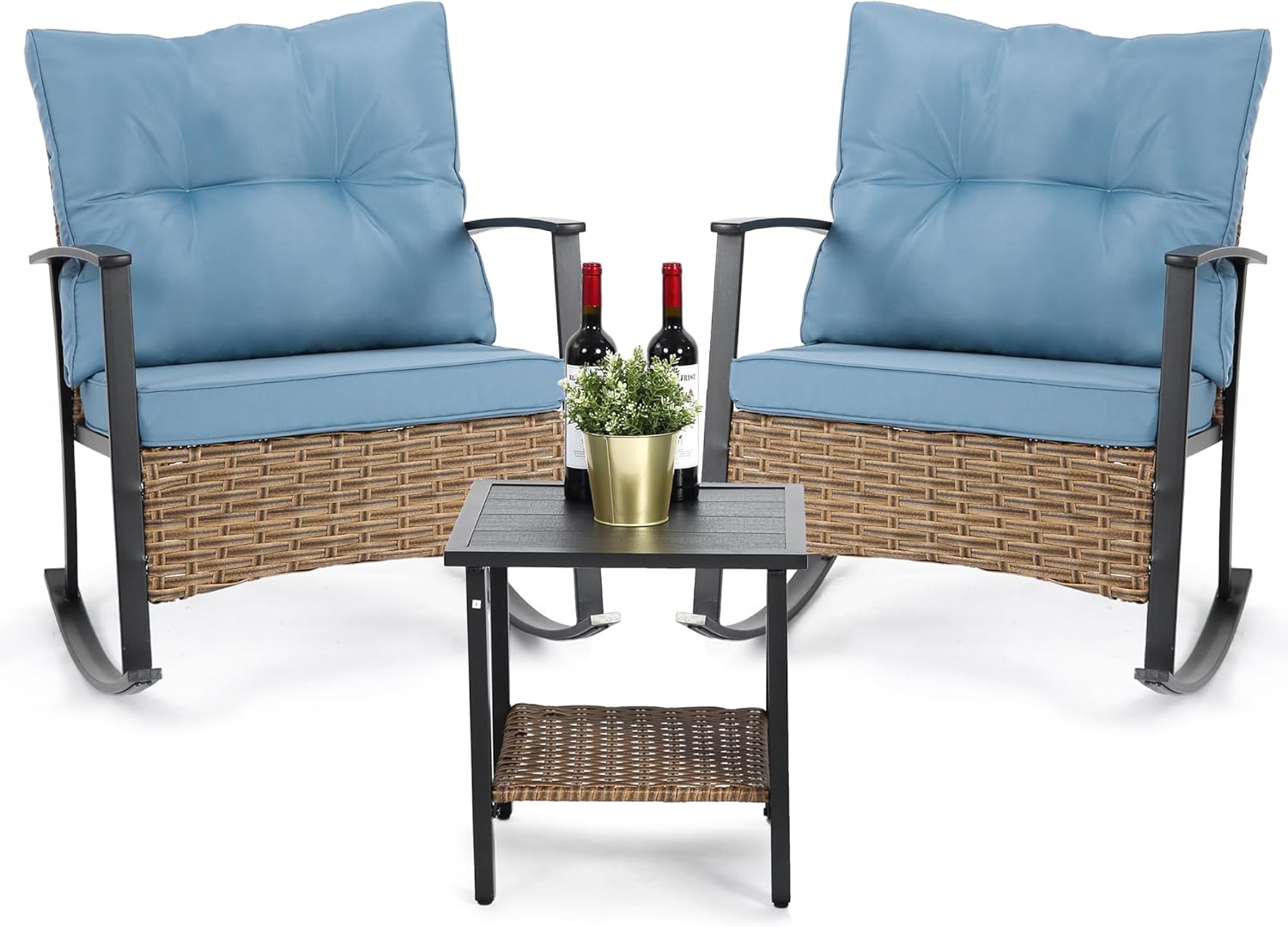 HOMEFUN Outdoor Rocking Chair Set with Cushions and 2-Tier Coffee Table, Rattan Wicker 3 Pieces Patio Bistro Furniture Sets for Garden, Porch, Balcony, Backyard Blue