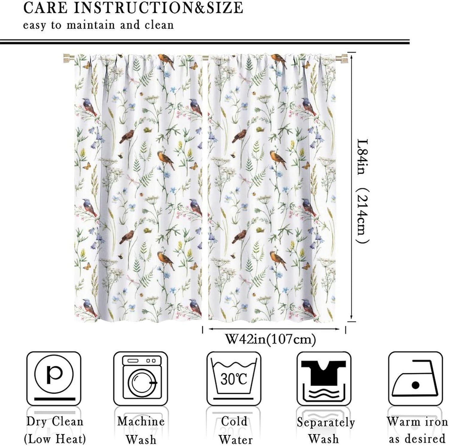 Boho Rustic Curtains,Colorful Watercolor Flowers Herbs and Birds Butterflies Prints Blackout Window Treatments Drapes for Bedroom Living Room,2-Panel Set & Rod Pocket84x84in