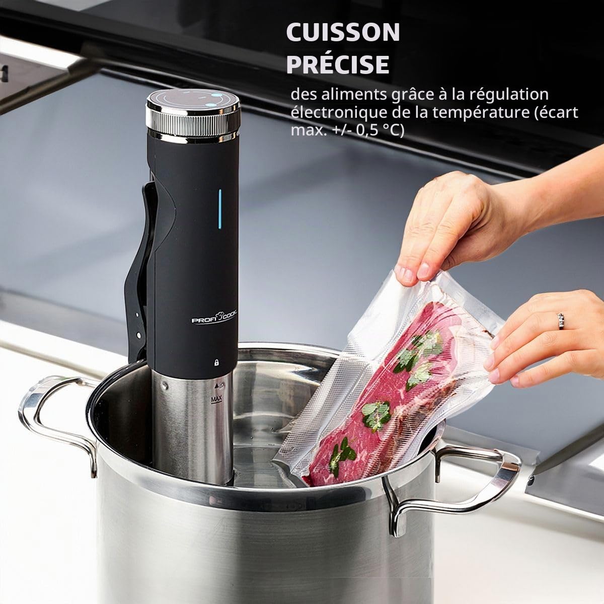 ProfiCook® Sous Vide Stick | funzione yogurt, scongelamento in caldo | fino a 90°C | slow cooker | morsetto di fissaggio | display tattile | alloggiamento in acciaio inox | PC- SV 1126