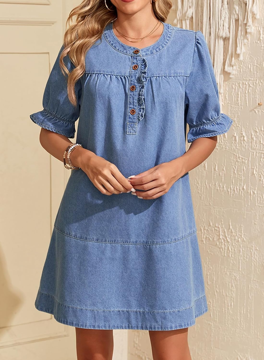 Dokotoo Women's Denim Dress 2026 Babydoll Dress Casual Ruffle Short Sleeve Button Jean Dresses - Image 3