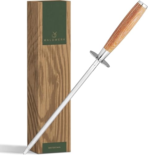WALDWERK Varilla de afilar de alta calidad, acero endurecido con elegante mango de madera, acero 100% sin plástico para afilador de cuchillos de