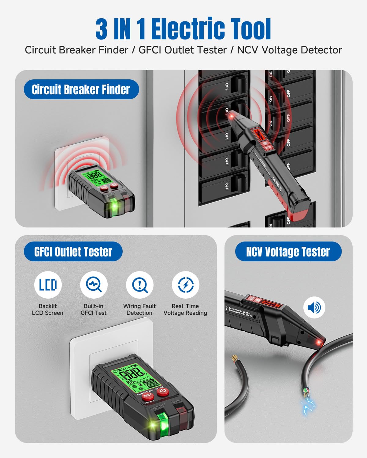 Circuit Breaker Finder with LCD Display, 90-250V Electrical Circuit Tracer Tool with GFCI Outlet Tester, NCV Circuit Tester with Adapters & Carrying Case, Digital Receiver for Home Workshop