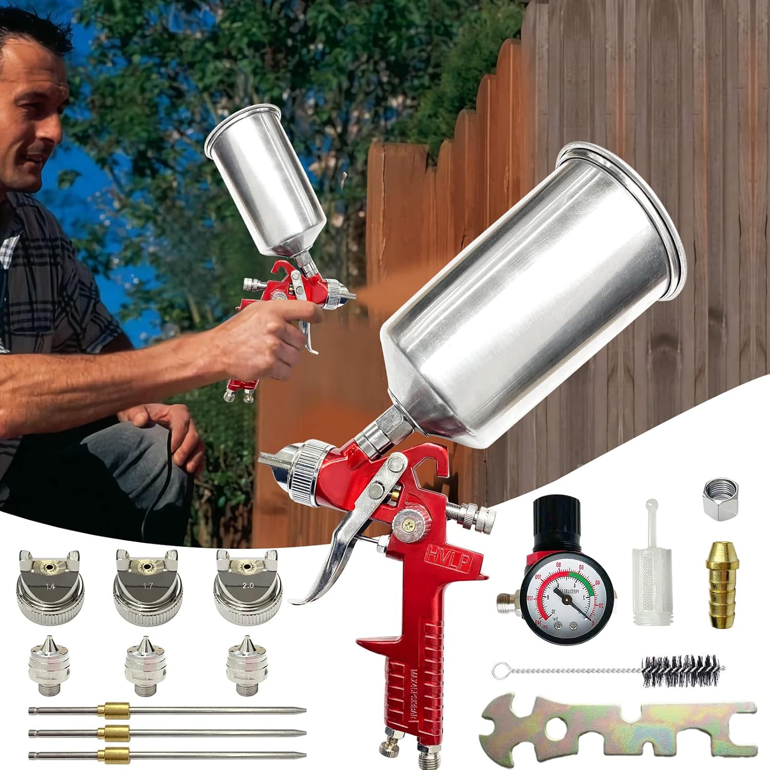 HVLP Air Spray Gun Kit with 1000cc Aluminum Cup and Gauge