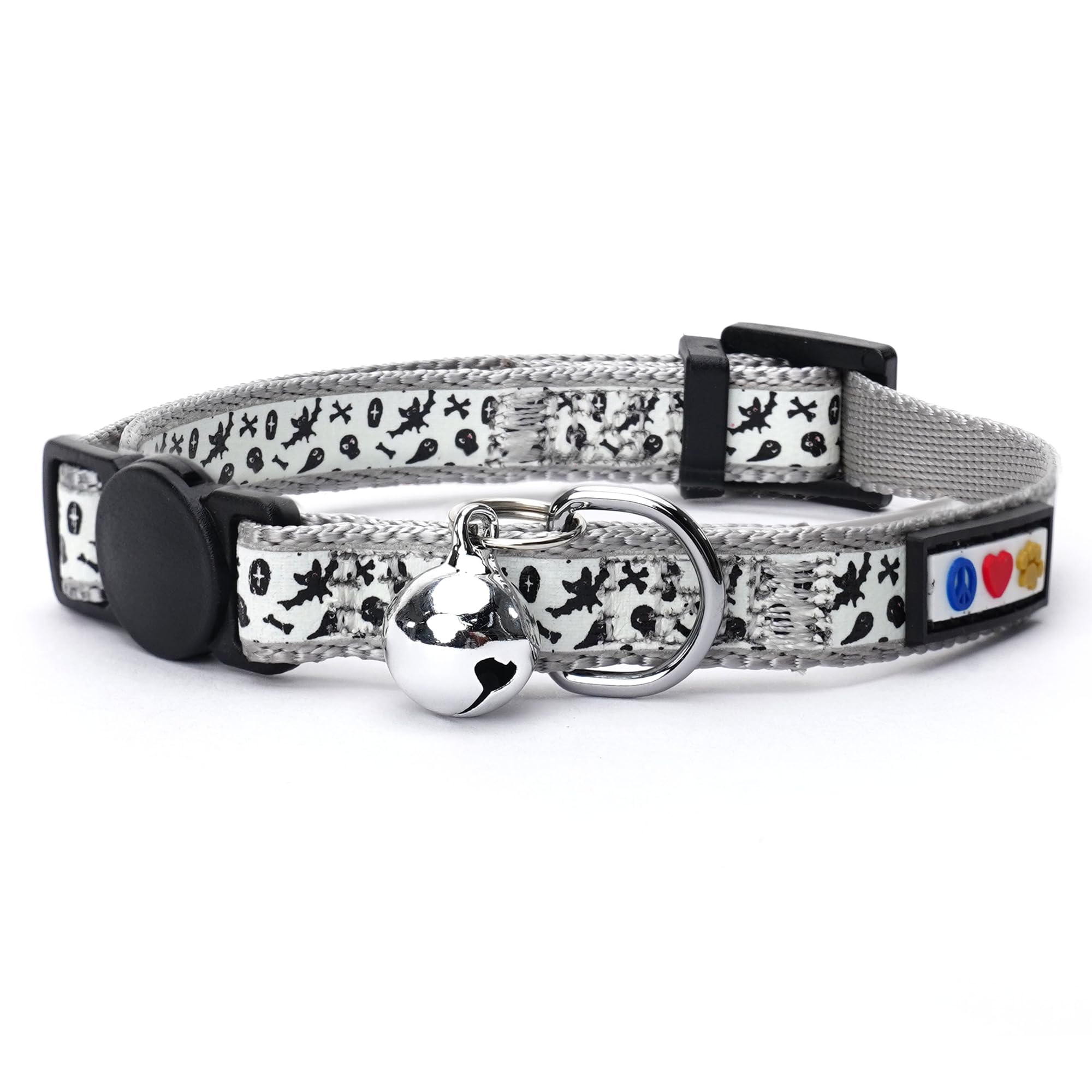Pawtitas Glow in The Dark Cat Collar with Breakaway Safety Buckle & Bell Adjustable Kitten Collar, Halloween Grey