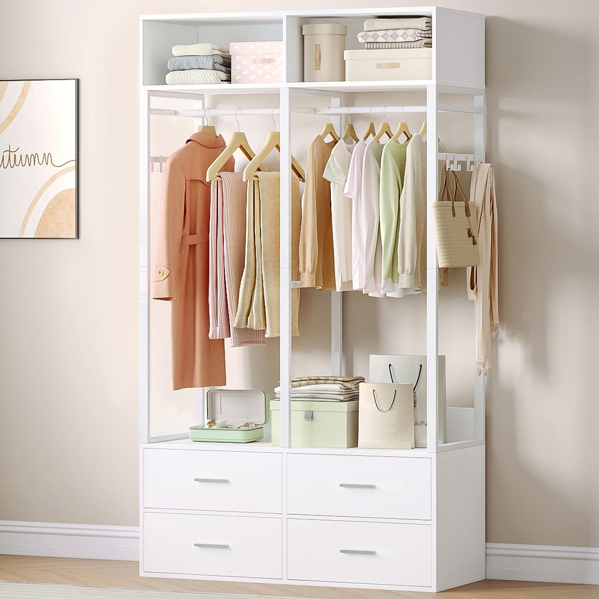 Hzuaneri Armario, Armarios Dormitorio con 4 cajones de Madera, Estante de Almacenamiento Superior, Construcción de Hierro y Madera, Adecuado para Walk-in Closet, 43 x 100 x 185 cm, Blanco BW06603W