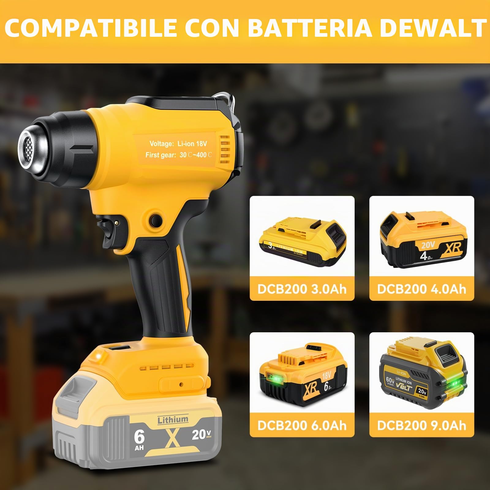 Pistola ad aria calda senza fili per batteria Dewalt da 20 V (senza batteria) pistola termica per saldatura, piegatura dei tubi, rimozione del colore, pistola termica con 4 ugelli.