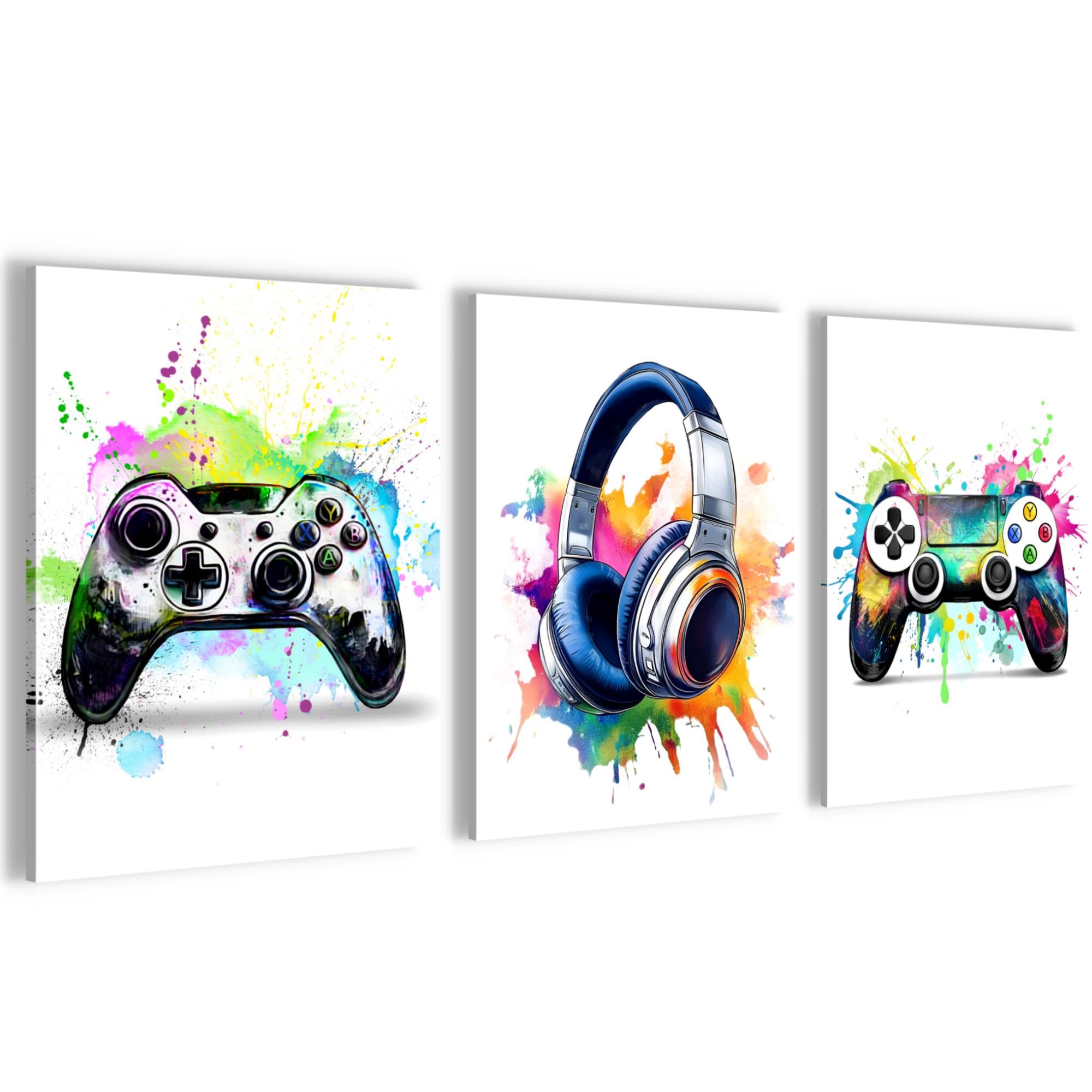 Novart Wandbilder Set Spielkonsole Gamer - KOMPLETT AUFHÄNGFERTIG - Spielzimmer Jungen Teenager Deko - 3 Moderne Bilder Weiß - N038735a