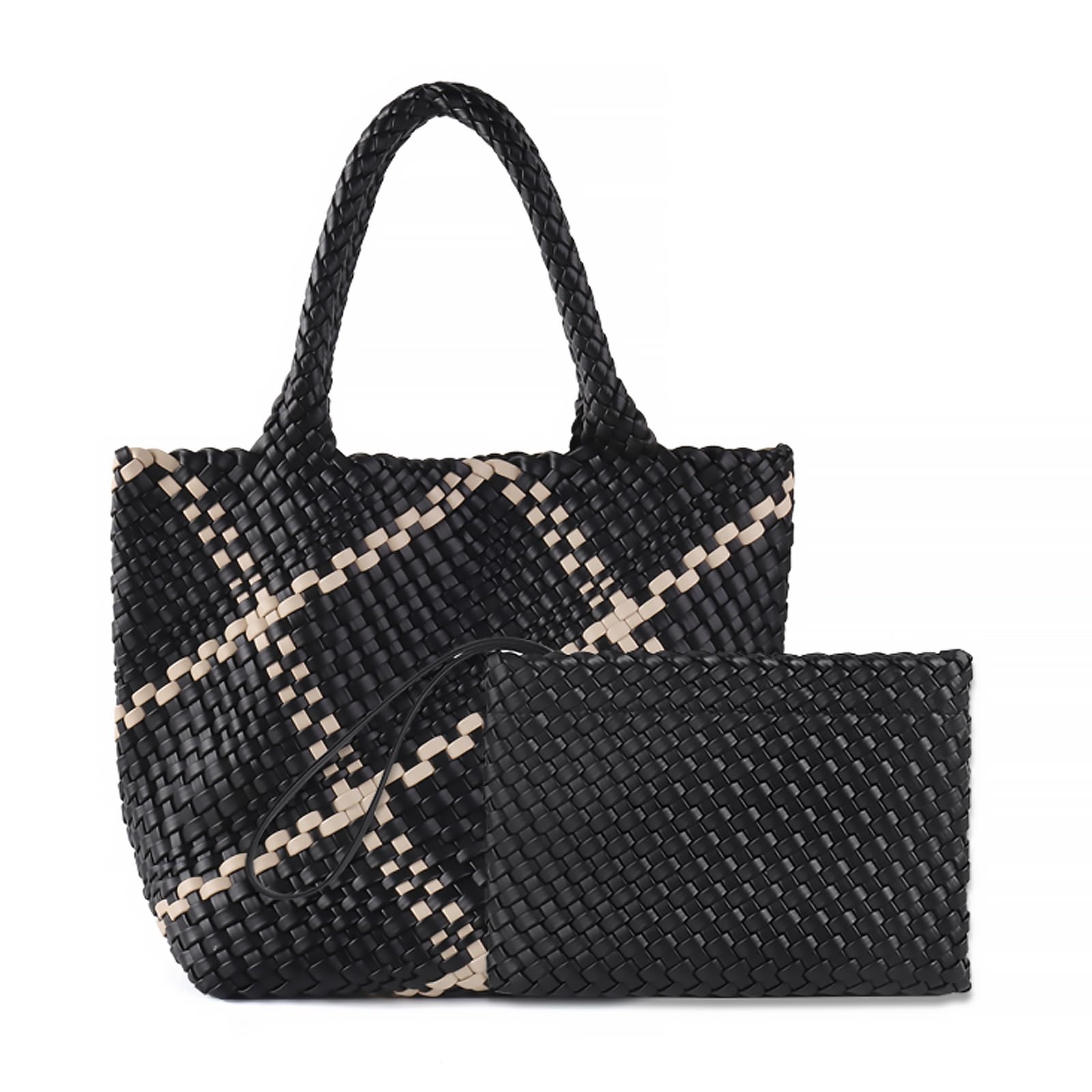 Woven Bag for Women Vegan Leather Tote Bag Large Summer Beach Travel Handbag and Clutch Retro Handmade Shoulder Bag Black