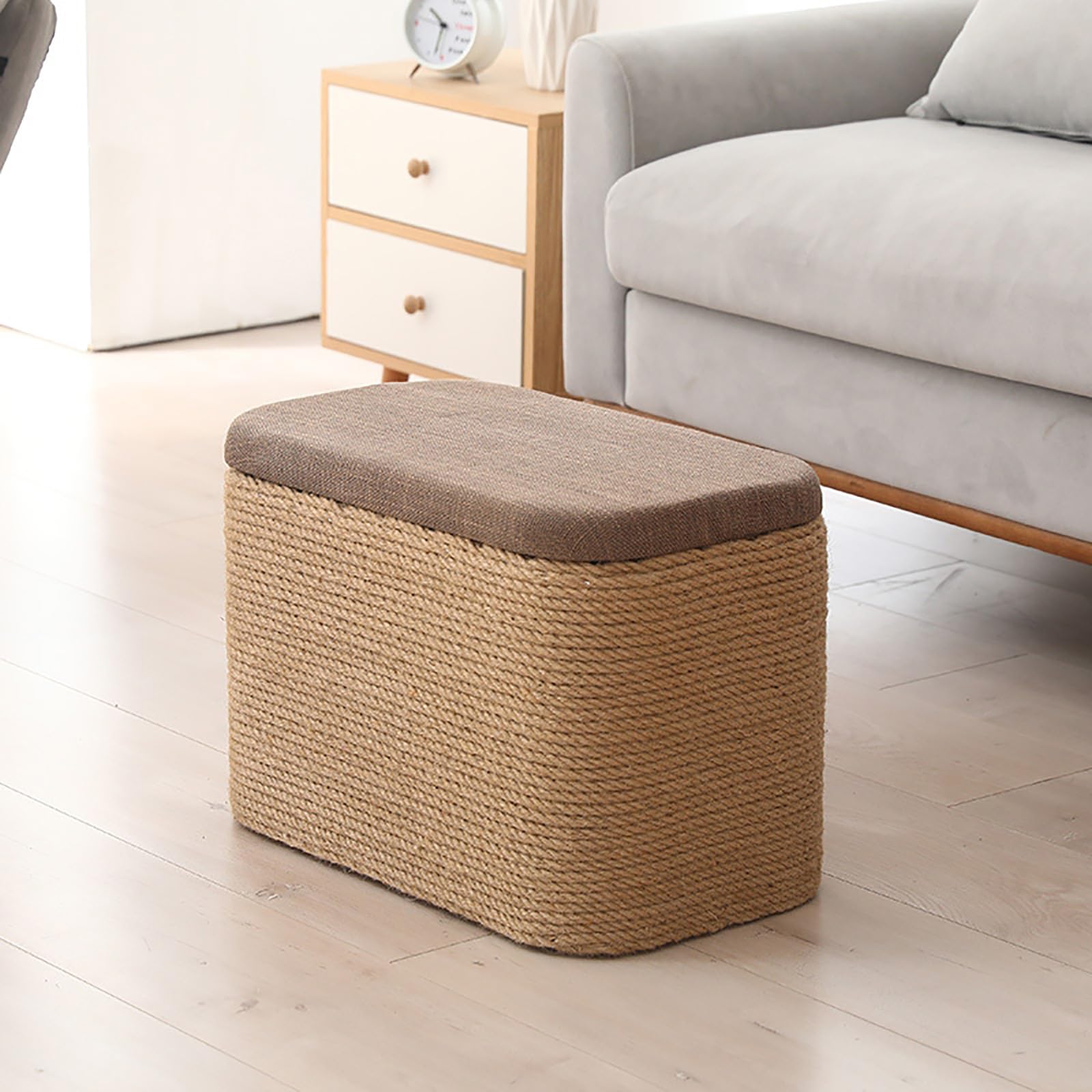 MSHGSKU Rustic Solid Wood Storage Stool Handwoven Rope Shoe Bench Square Ottoman Footrest for Entryway Bedroom Balcony Hallway Living Room (Large Linen)
