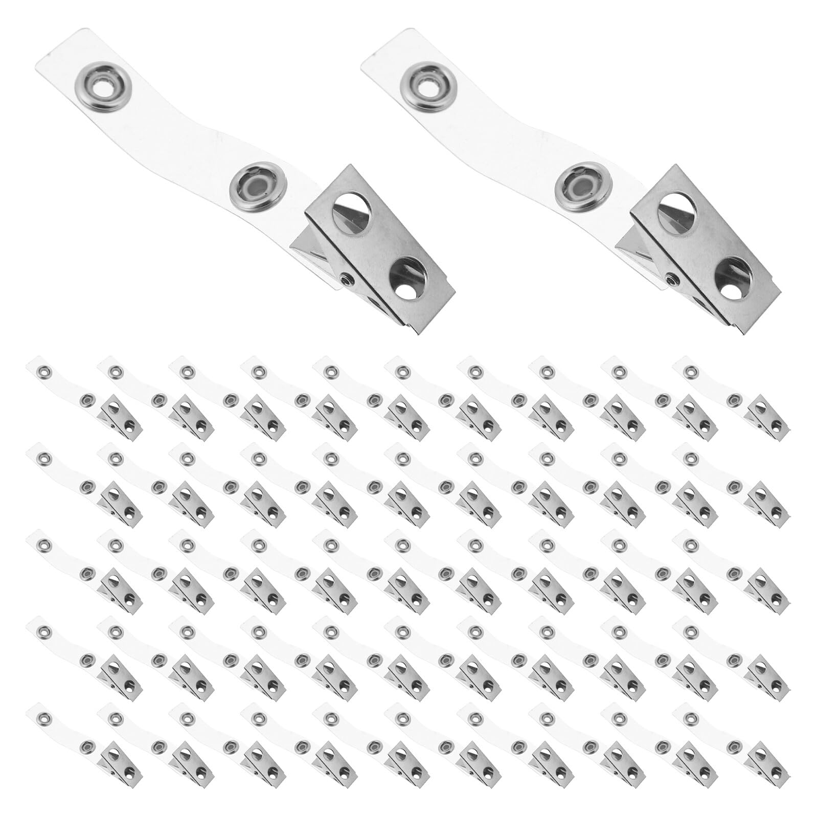 POPETPOP 120 Pezzi Clip Metallo per Badge con Doppio Foro e Cinghie PVC Trasparente Portabadge Resistente per Tessere Id Ufficio e Scuola Fermaglio Saldo per Carte Identificative