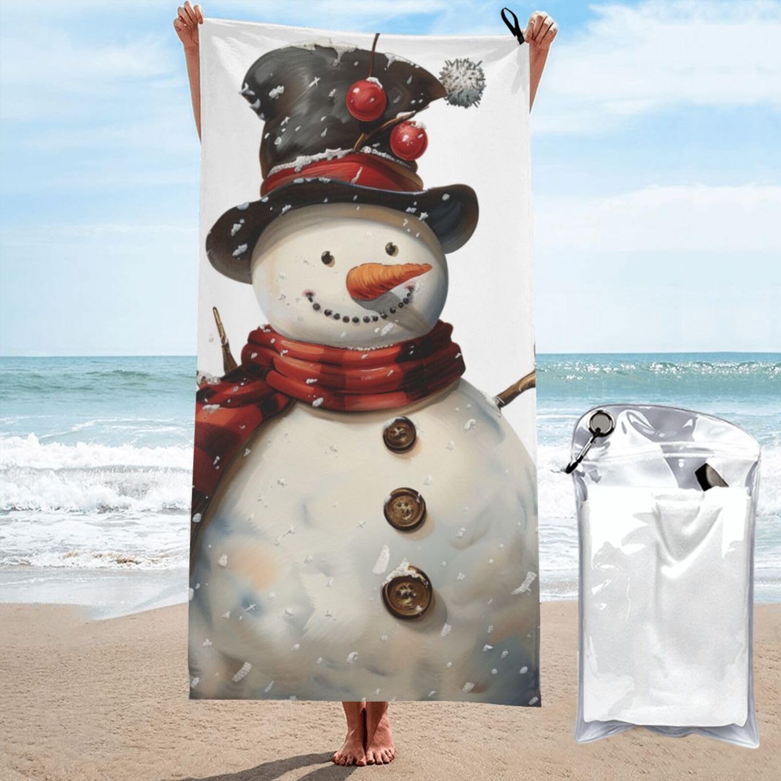BWWHCCTI Snowman Print Printed Microfiber Quick Dry Beach Towel 70x140 CM, Fast Drying Bath Towels with Bags for Travel,Camping,Gym,Beach,Swimming,Yoga