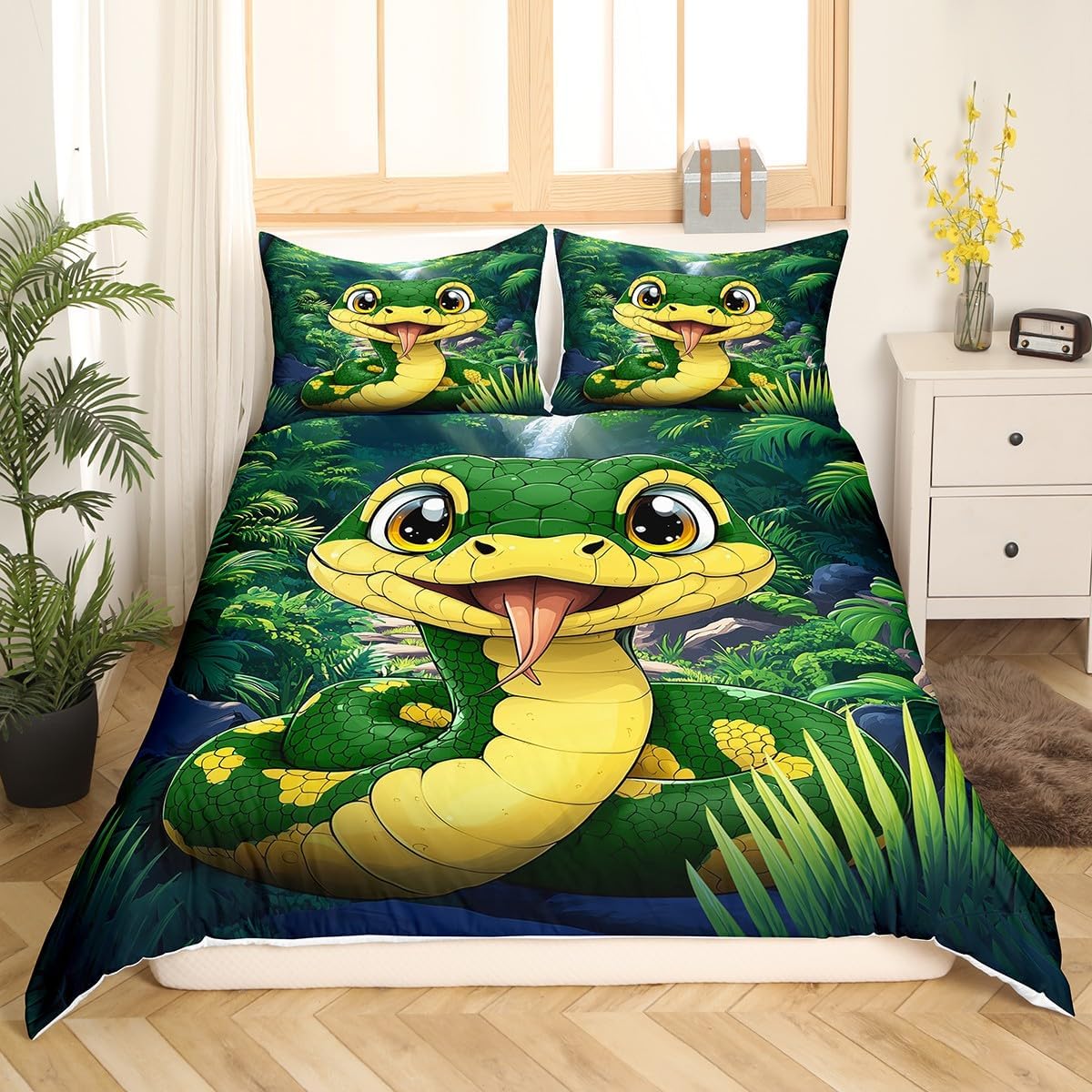 Cartoon Snake Duvet Cover Set Toddler,Tropical Jungle Palm Leaves Bedding Set Kids Girls Boys Room Decor,Cute Snake Wild Animal Comforter Cover 2Pcs,Nature Botanical Bedspreads Cover,1 Pillowcase
