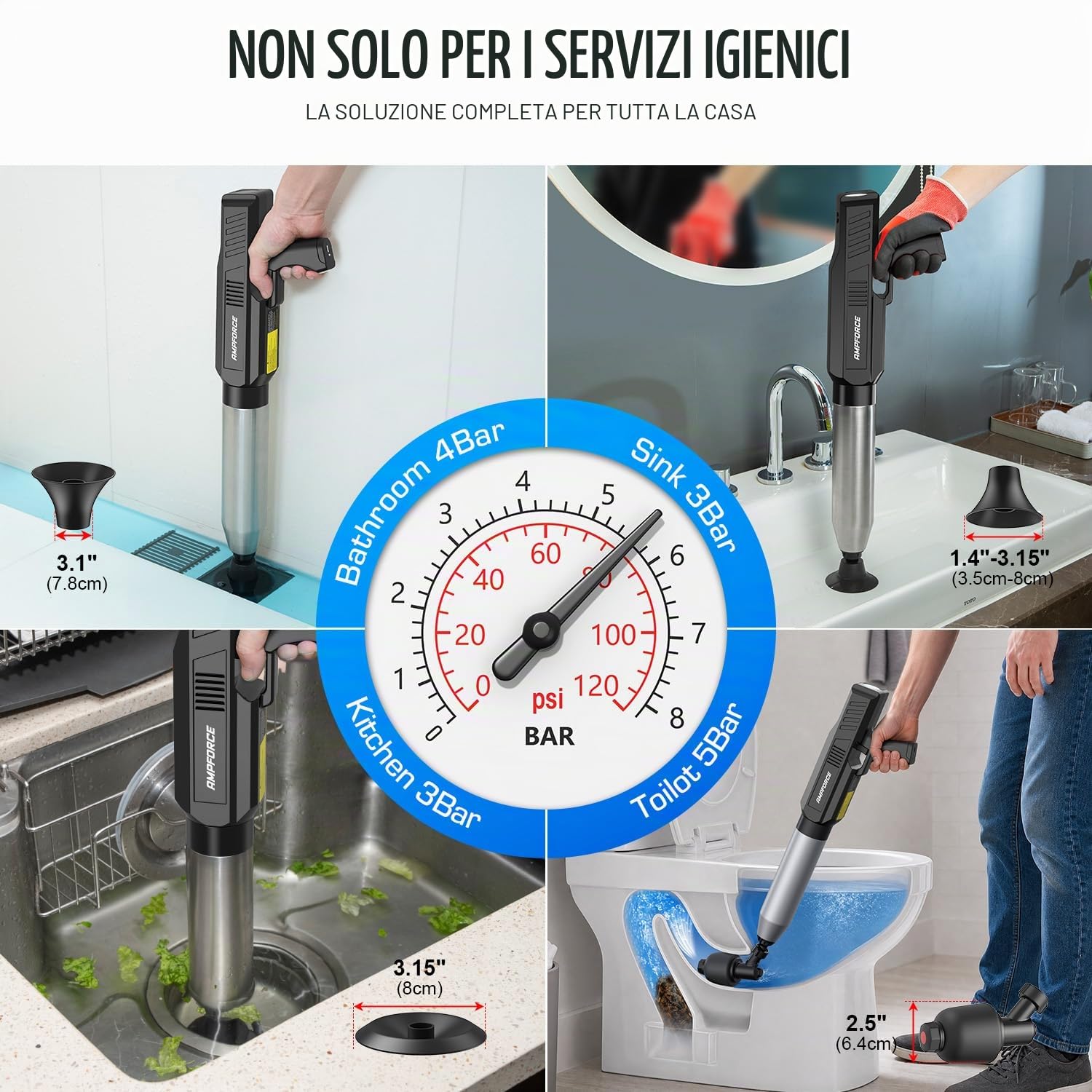 Sturalavandini Elettrico ad Aria Compressa, Stura Scarichi Professionale 1-8 BAR, Pompa a Pressione per WC, Lavandino, Doccia e Tubature, con Testa Antischiasso 120° - Nero Inchiostro