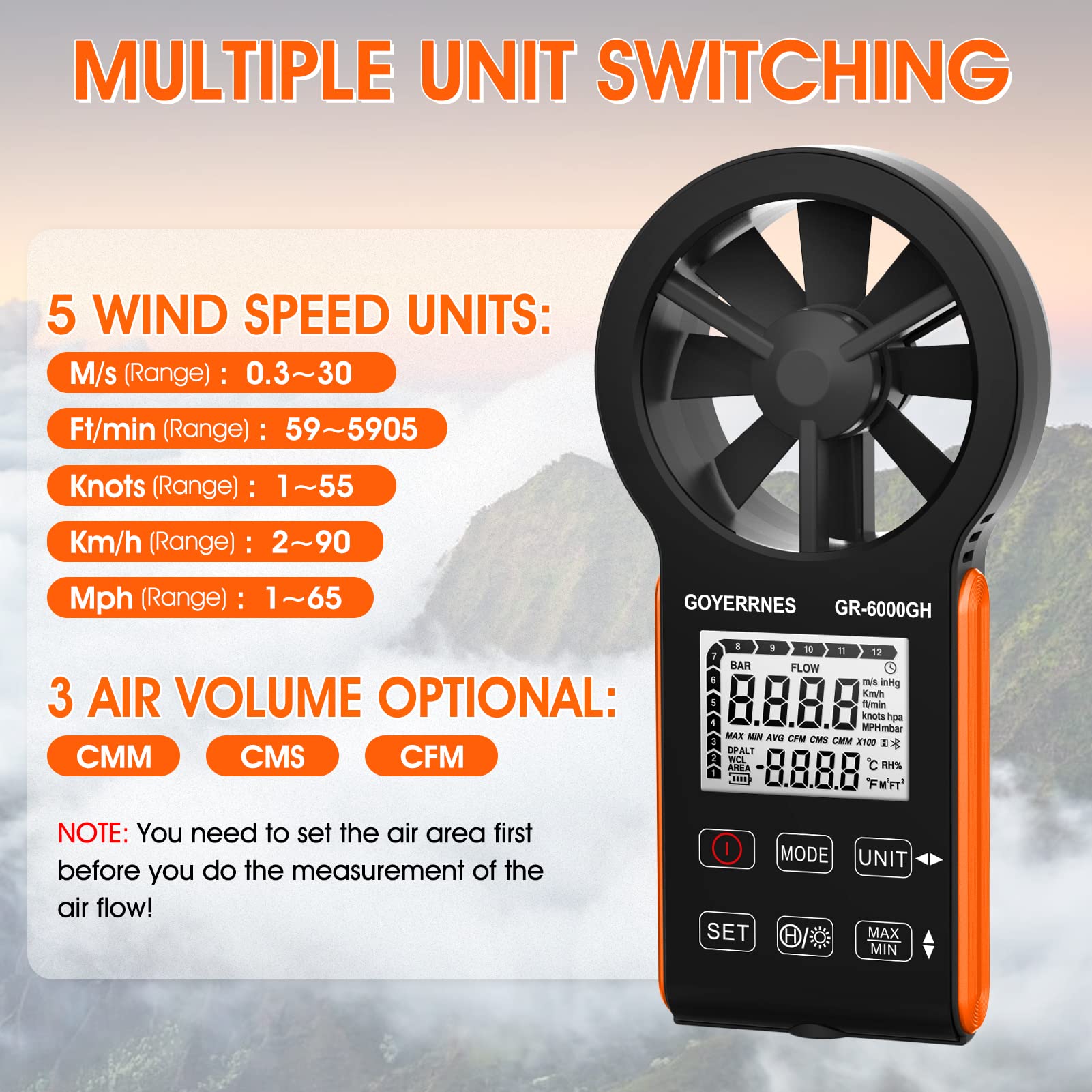 Anemometro digitale portatile misuratore di velocità del vento CFM GR-6000GH tester di flusso d'aria che misura la velocità dell'aria e temperatura del volume d'aria per bocchette HVAC, barca a vela