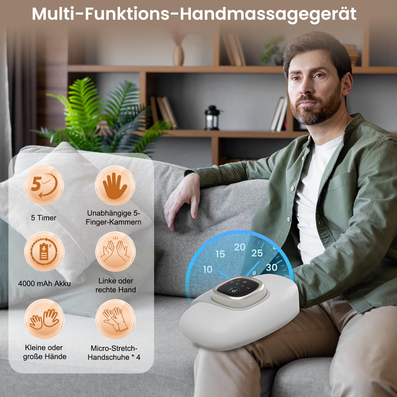 Handmassagegerät, Hand Massager mit 3 Gänge Airbag Kompression, Handgelenk Massagegerät mit Speicherfunktion, Massage Hand mit Rotes, Blaues und Grünes Licht, Interne Externe Wärme, Schmerzen lindern