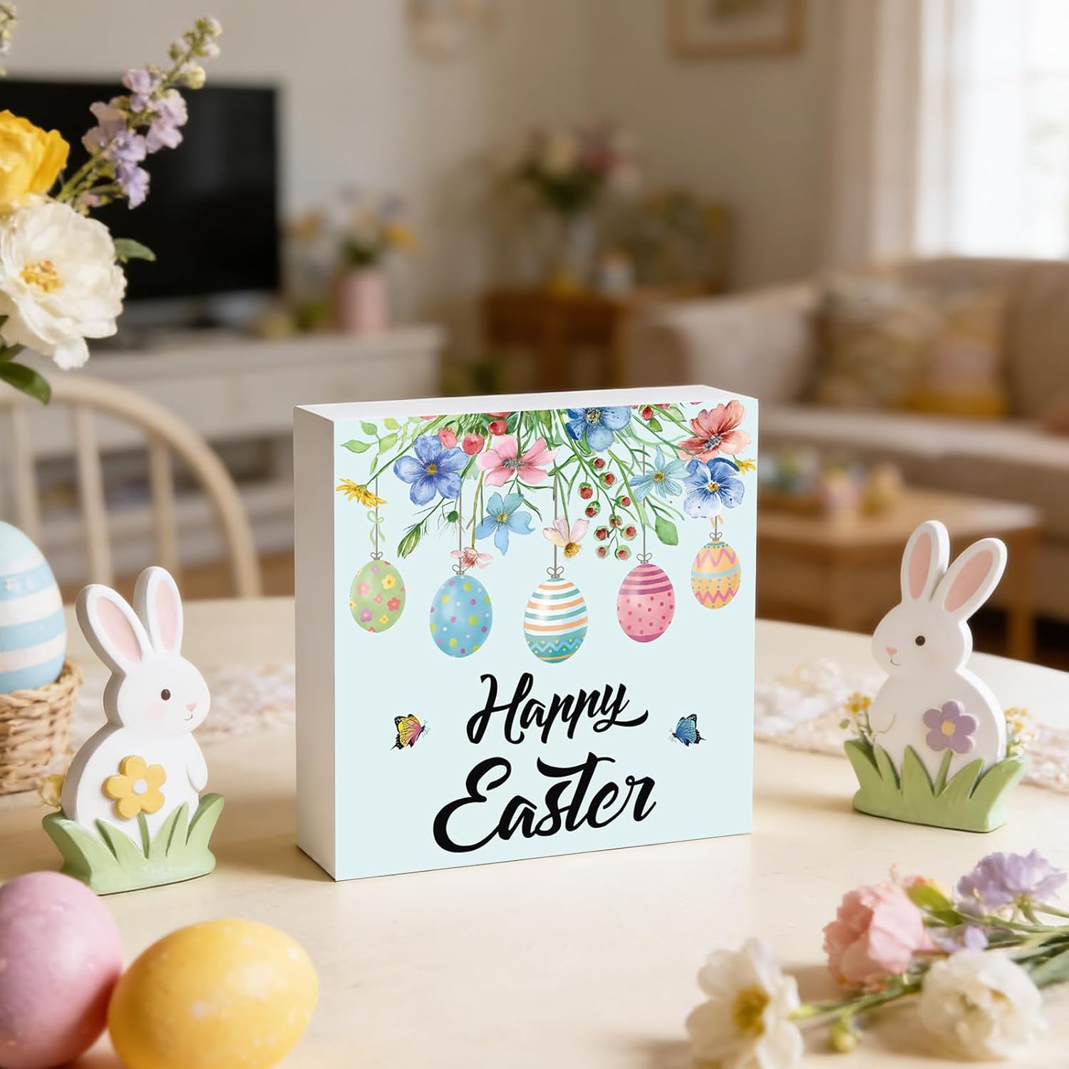 YUNKKIN Easter Table Decorations Easter Decorations Indoor Egss Flowers Home Room Office Bathroom Rustic Wood Box Sign Wooden Shelf Desk Decor Season Sign House Warming Gifts 5.9 x 5.9 Inch