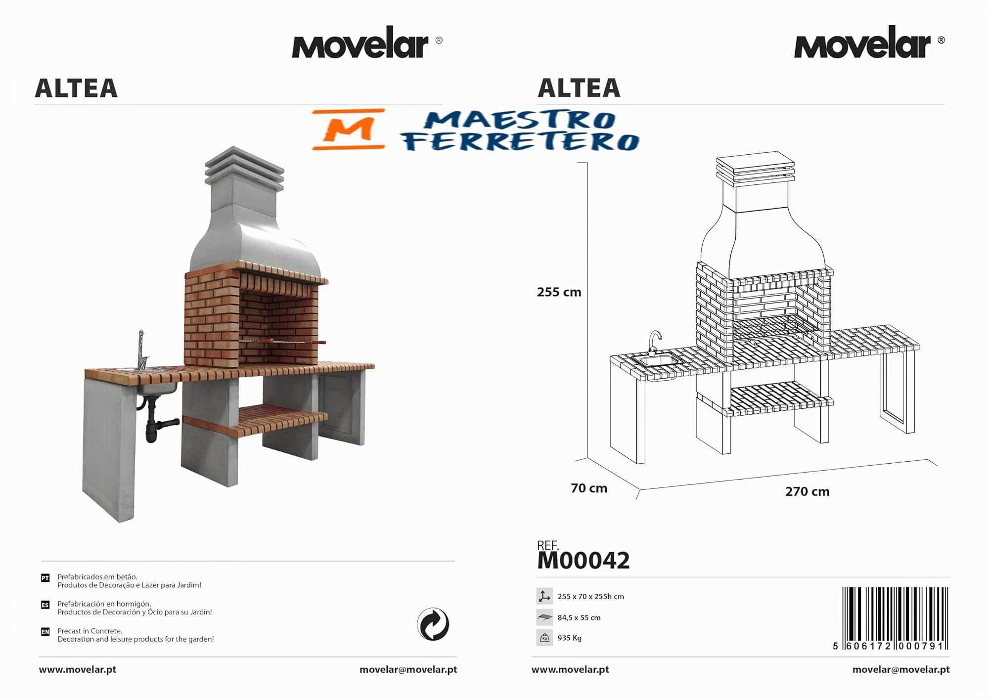 MOVELAR - Barbacoa de Obra Prefabricada de Leña y Carbón Modelo Altea (Gris, Naranja - 268 x 70 x 255 cm) REF: M00042 - Cocina de Exterior con Lavabo para Jardín y Terraza