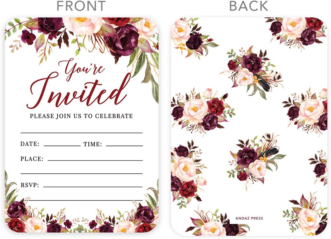 Andaz Press Fall Autumn Burgundy Maroon Floral Flowers Party, 5x7-inch Fill in the Blank Invitations with Envelopes, You're Invited, Join Us to Celebrate, 24-Pack, Includes Cards & Envelopes