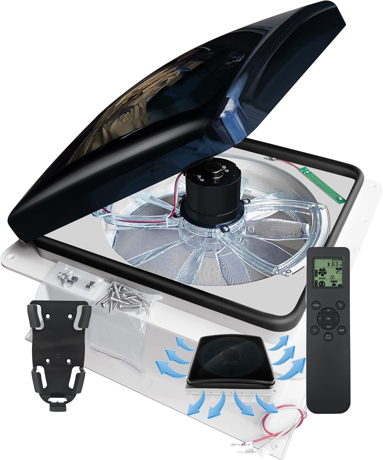 Build-in Rain Shield RV Roof Fan Vent Trailer Camper 10 Speed 12V 14 Reversible