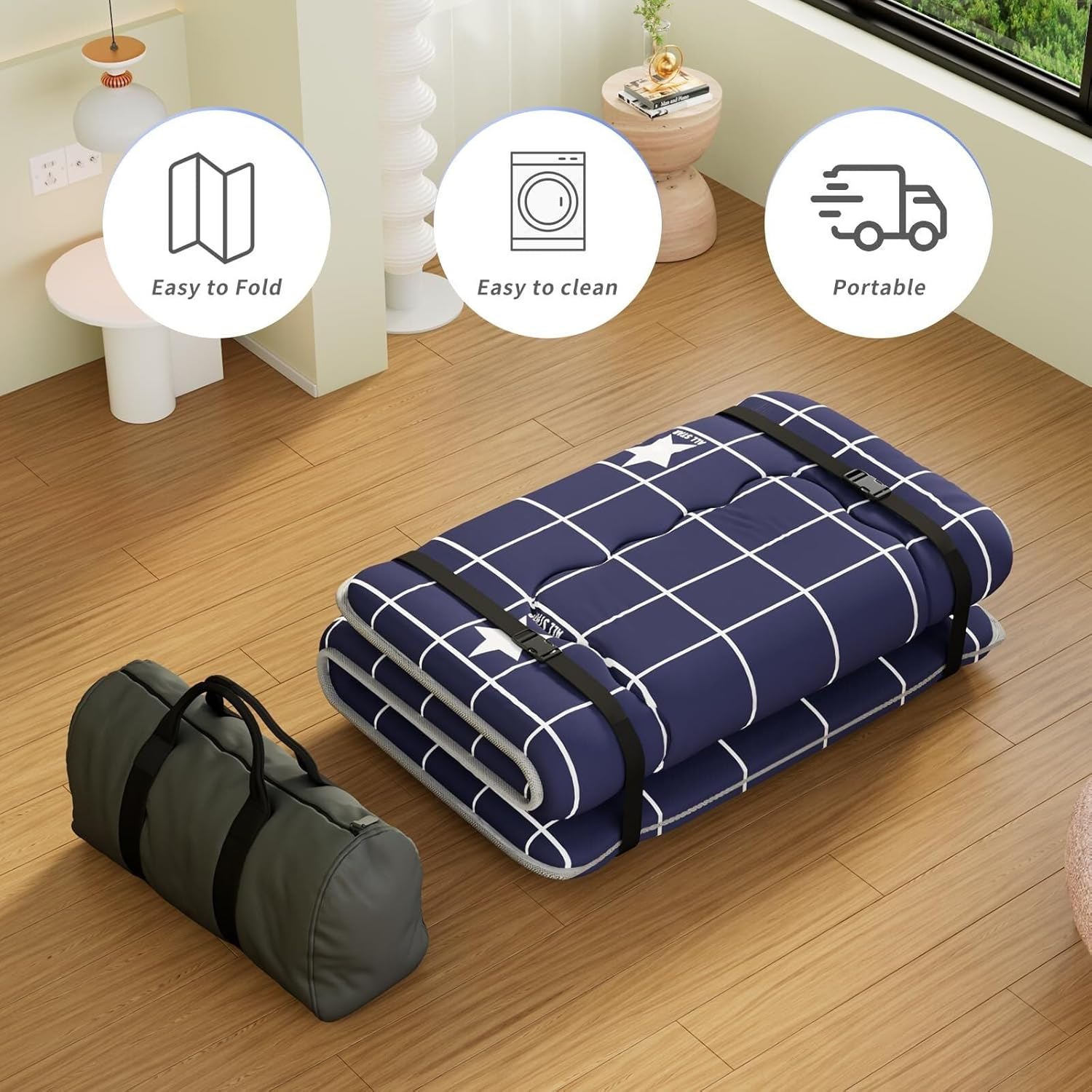 Generic Japanese Futon Mattress, Foldable Tatami Mat Portable Dormitory Sleeping Pad with Bag & Strap, Floor Mattress Thicken Sleeping Mattress Roll up Camping Mattress (Blue Star H1, 60""X80"")