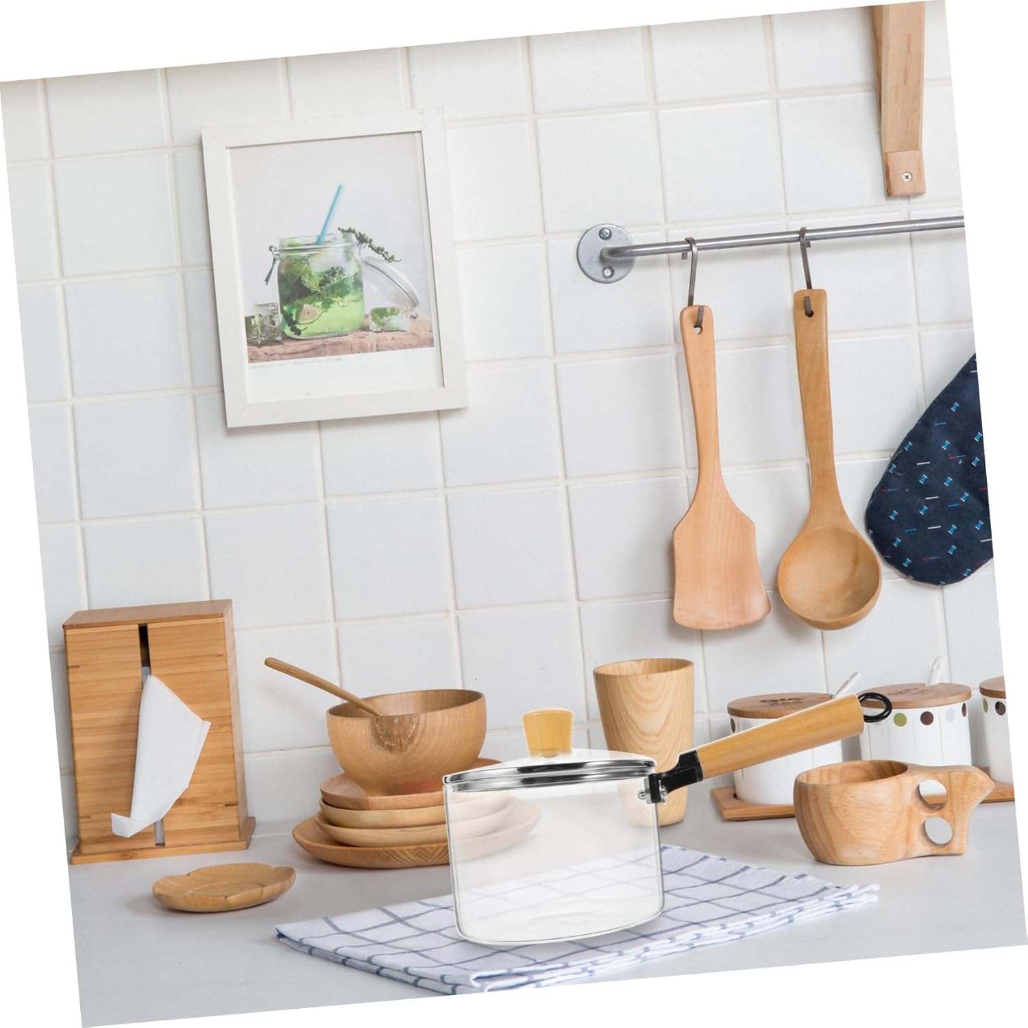 VOSAREA 1500ml Clear Glass Saucepan with Lid - Cookware Set for Cooking Pasta - Noodles Soups and Milk Glass Pot with Wood Handle