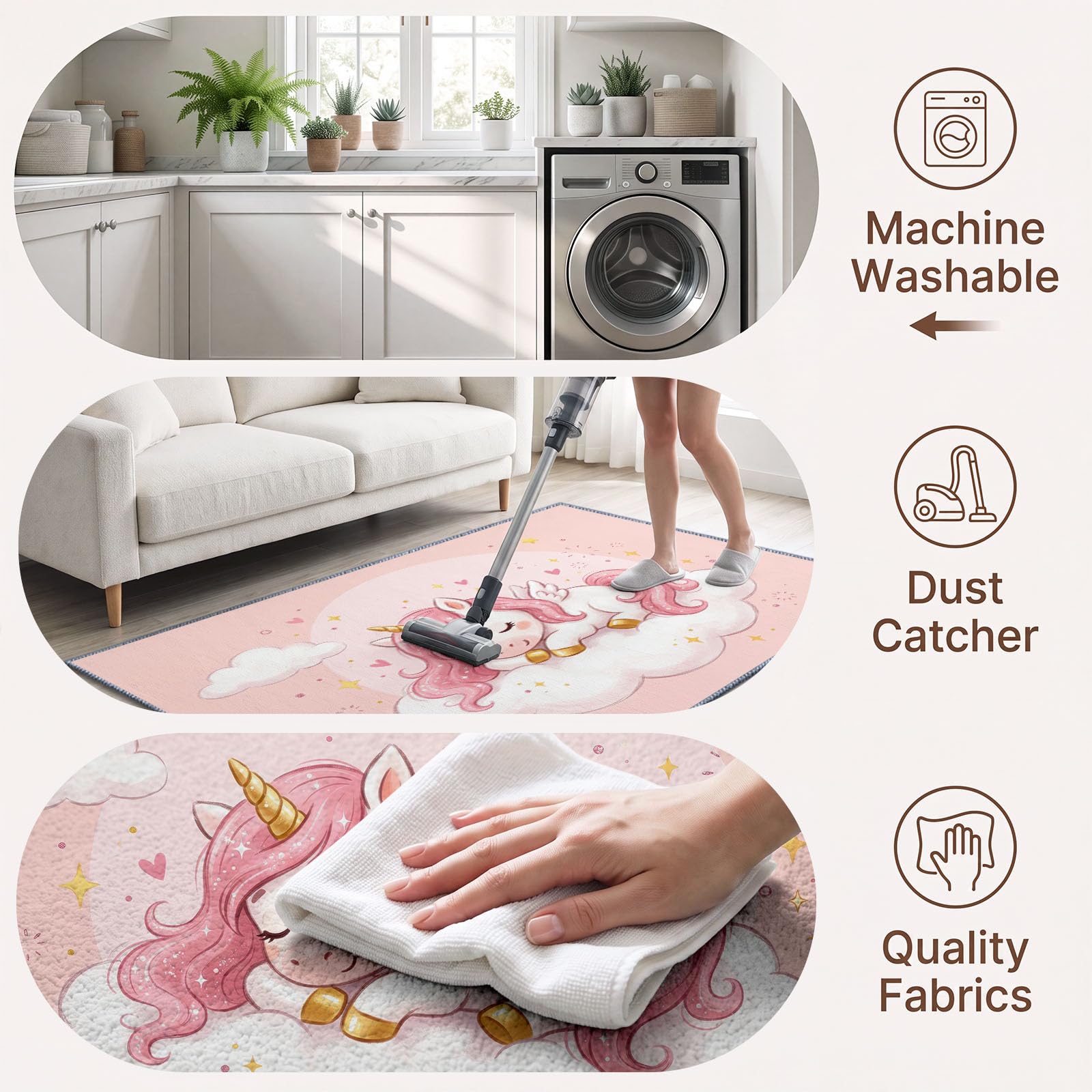 Tapis de Salon Lavable en Machine 160 x 230 cm, Dessin Animé Fantastique Animaux Licorne Tapis Chambre, Antidérapant, Poils Courts, Douce, Adapté à L'aspirateur pour Entree Interieur, Couloir, Rose