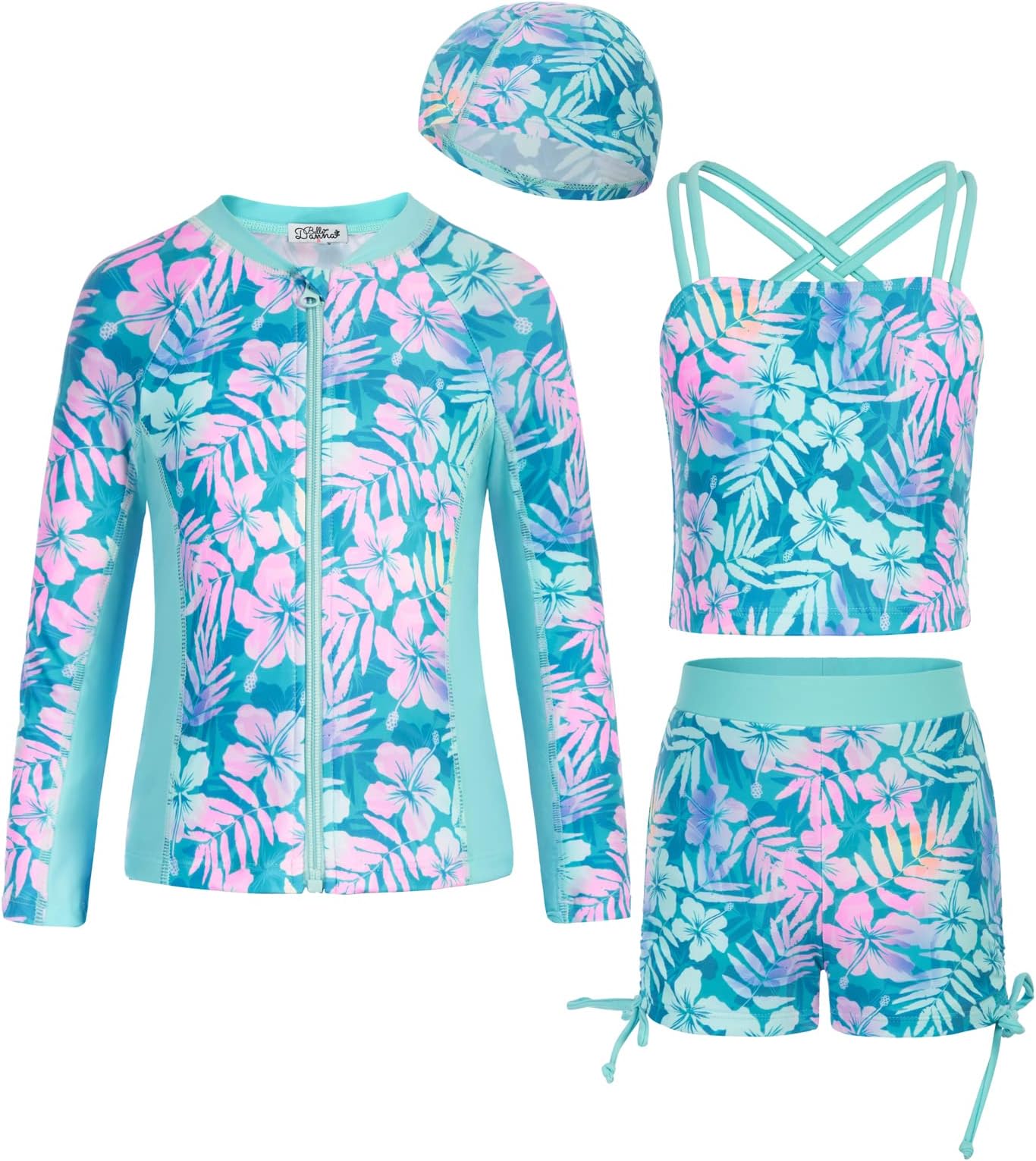 Danna Belle Girl Long Sleeve Swimsuit Floral Rushguard Swimwear 4Pcs Bathing Suits Zipper Size 5-12