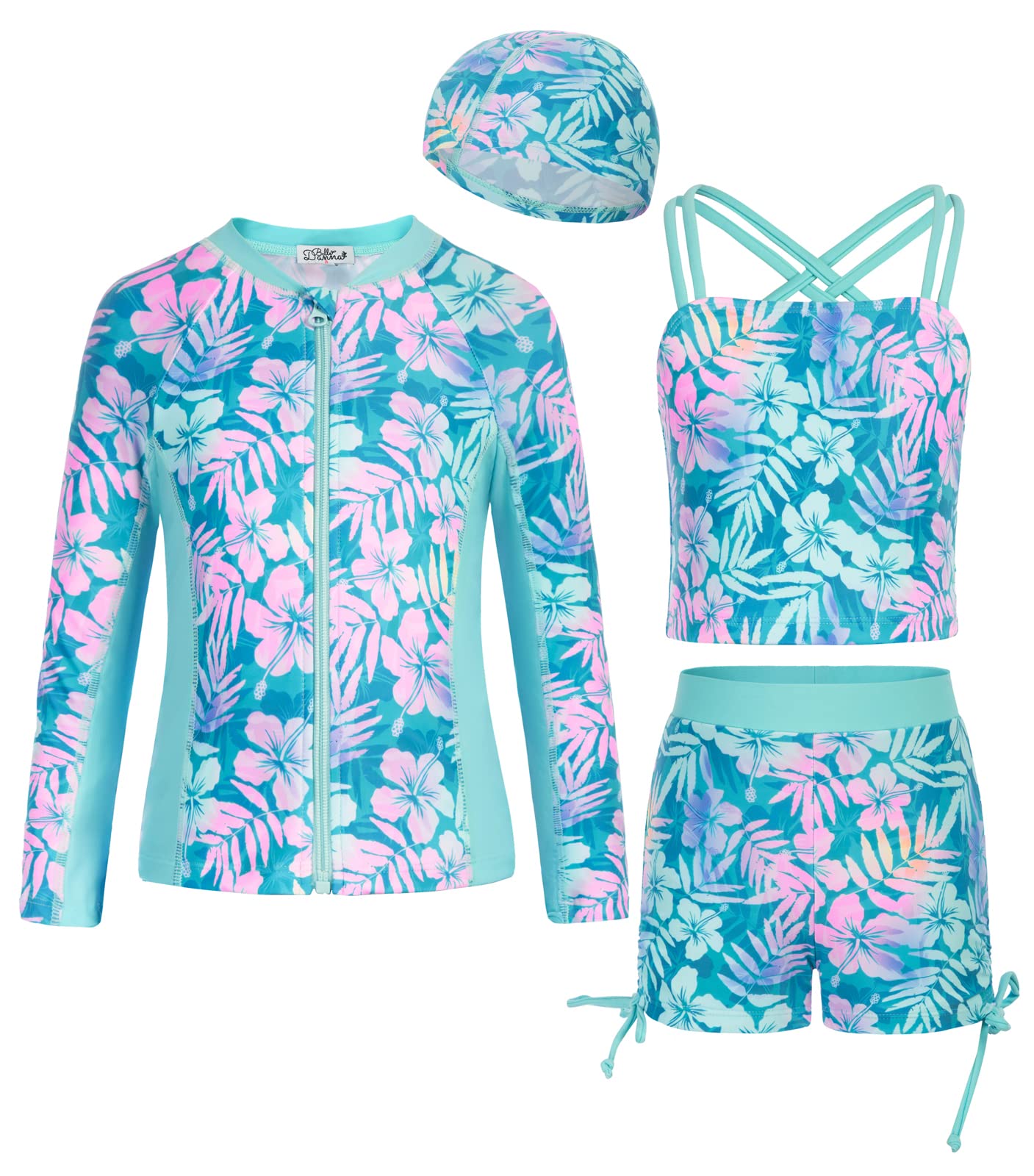 Danna Belle Girl Long Sleeve Swimsuit Floral Rushguard Swimwear 4Pcs Bathing Suits Zipper Size 5-12