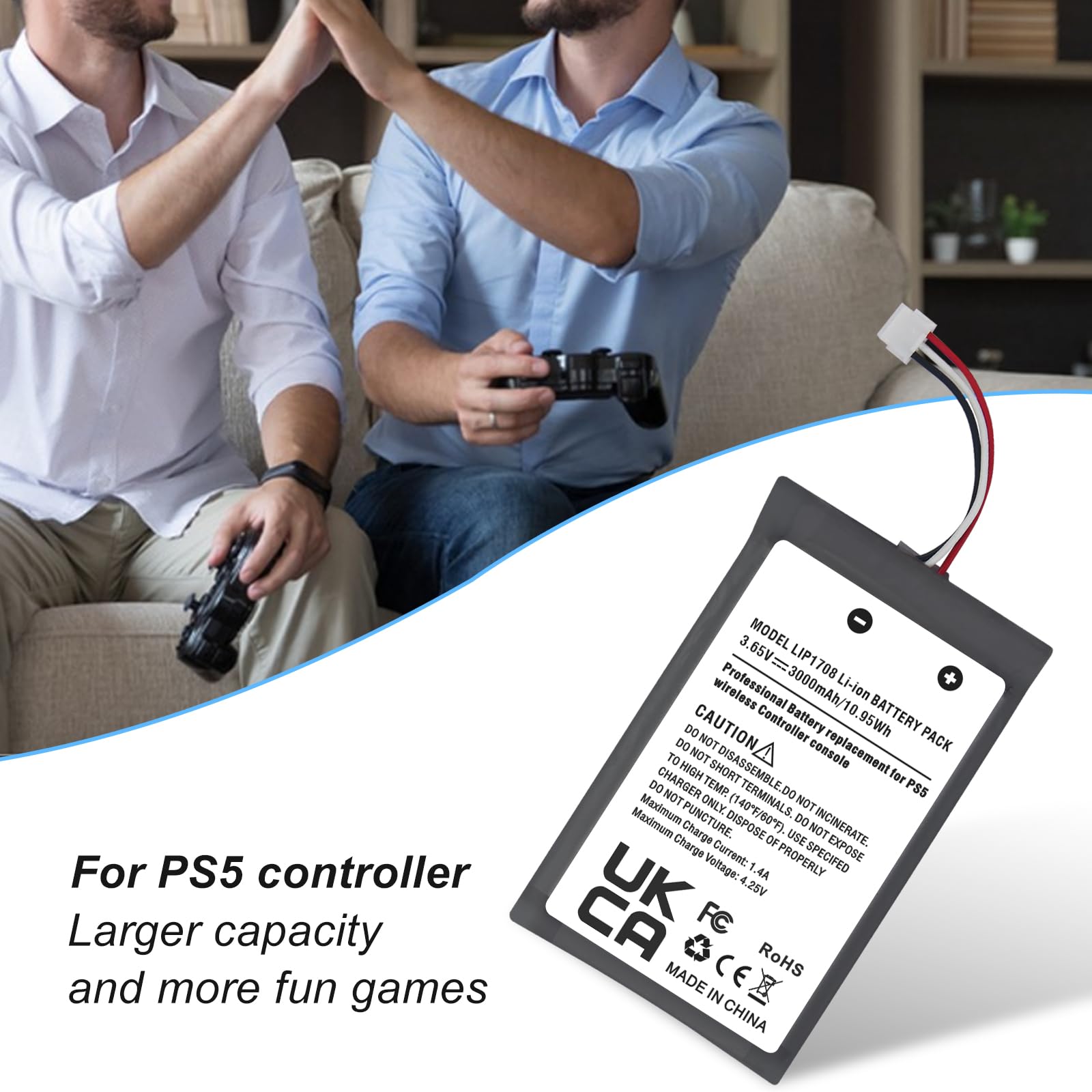 Batteria per controller PS5, YISHDA 3000 mAh LIP1708 PS5 per Sony PlayStation 5 PS5 DualSense CFI-ZCT1W Wireless Controller